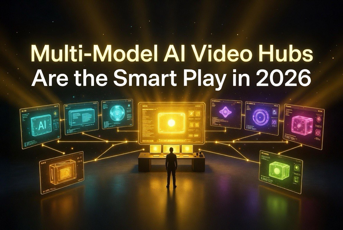 Multi-model AI video hub with glowing interface panels and central workstation