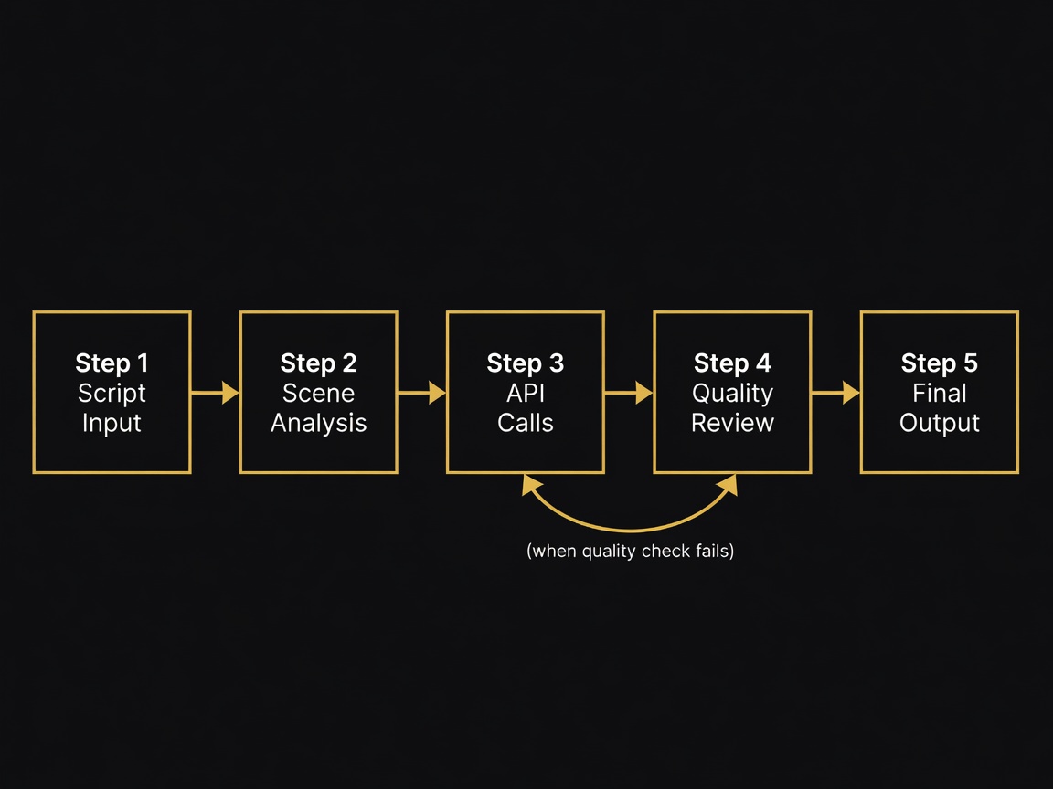 Three-step agentic workflow diagram: Script Input, Scene Analysis, API Calls, Quality Review, Final Output, with feedback loop arrows when quality check fails