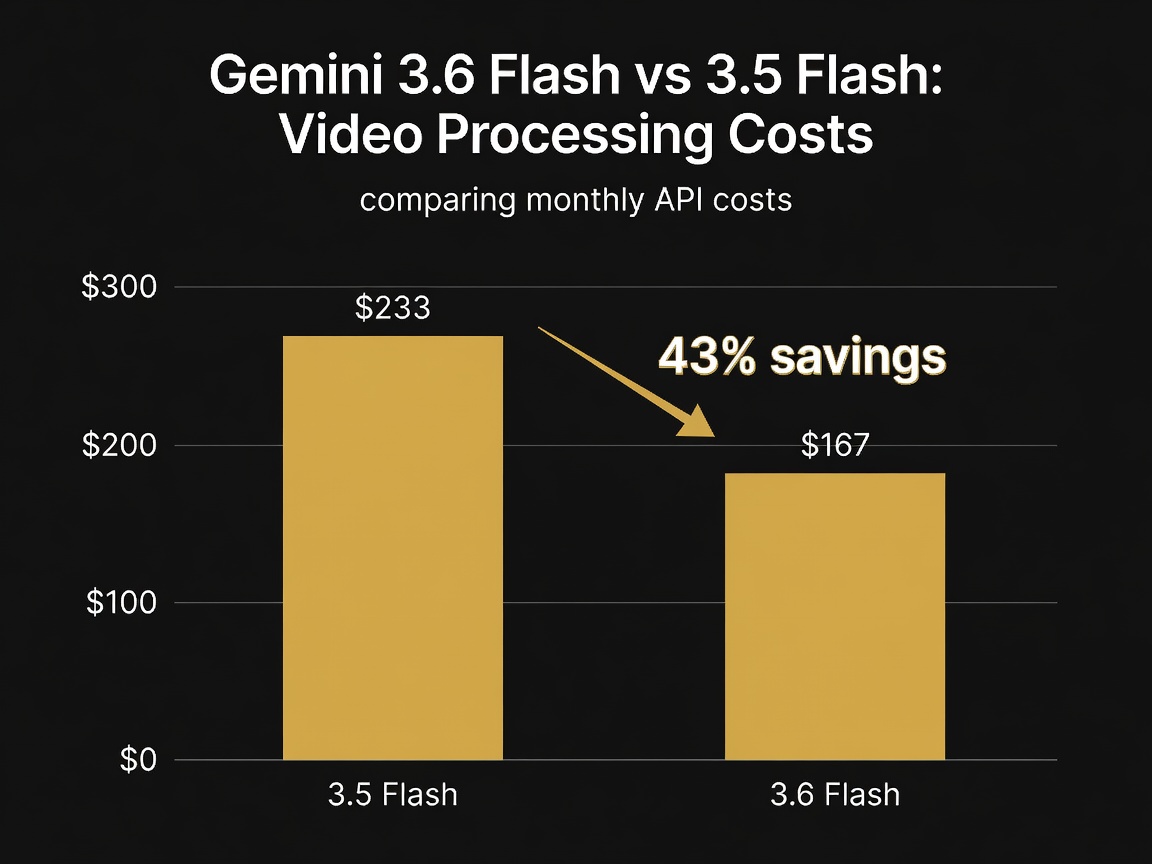 Bar chart comparing monthly API costs of Gemini 3.5 Flash vs 3.6 Flash for video analysis workloads, showing 43% reduction at scale
