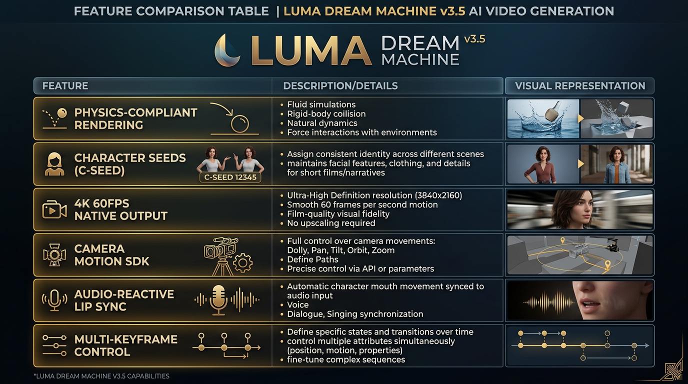 Feature comparison chart for Luma Dream Machine v3.5 showing six key capabilities: physics rendering, character consistency, 4K 60fps, camera controls, lip sync, and multi-keyframe control
