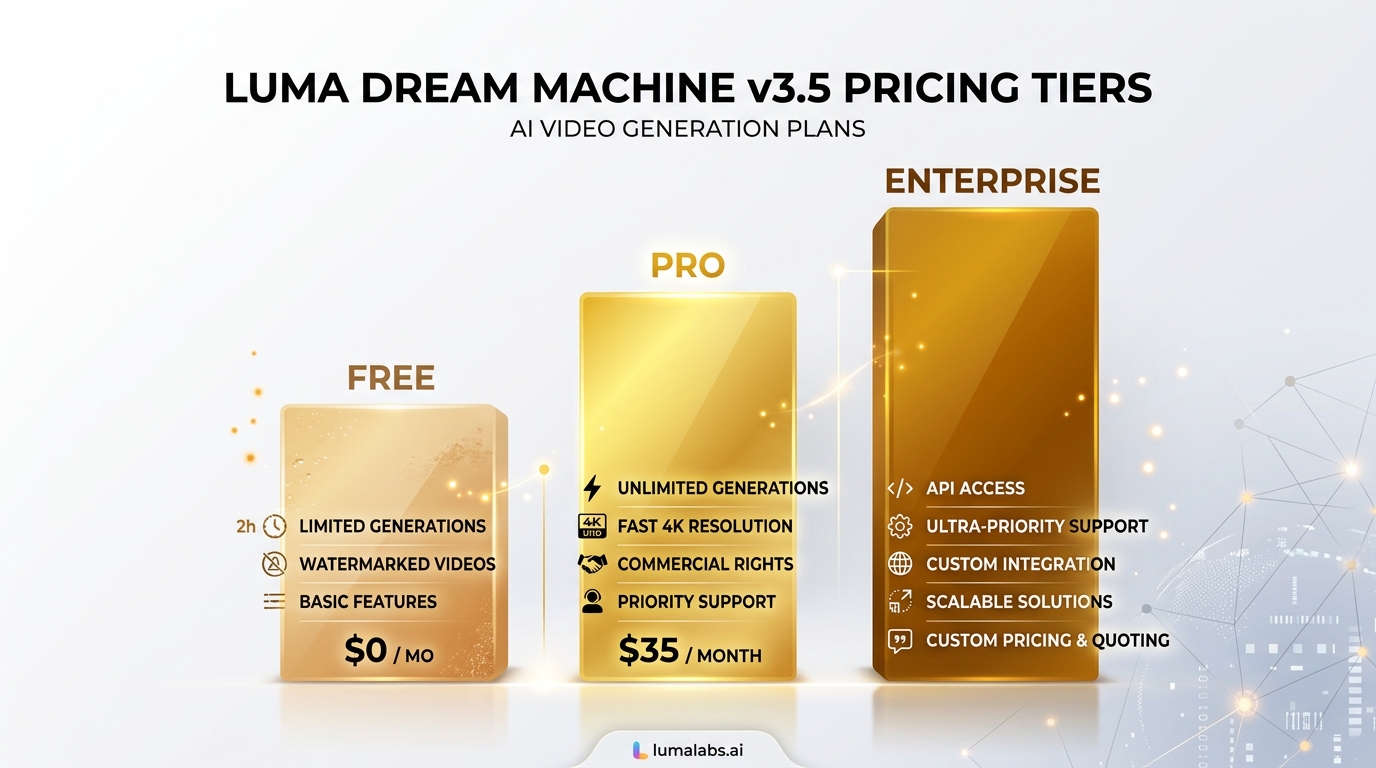 Pricing comparison chart for Luma Dream Machine v3.5 tiers showing Free limited and Pro $35/month with feature breakdowns