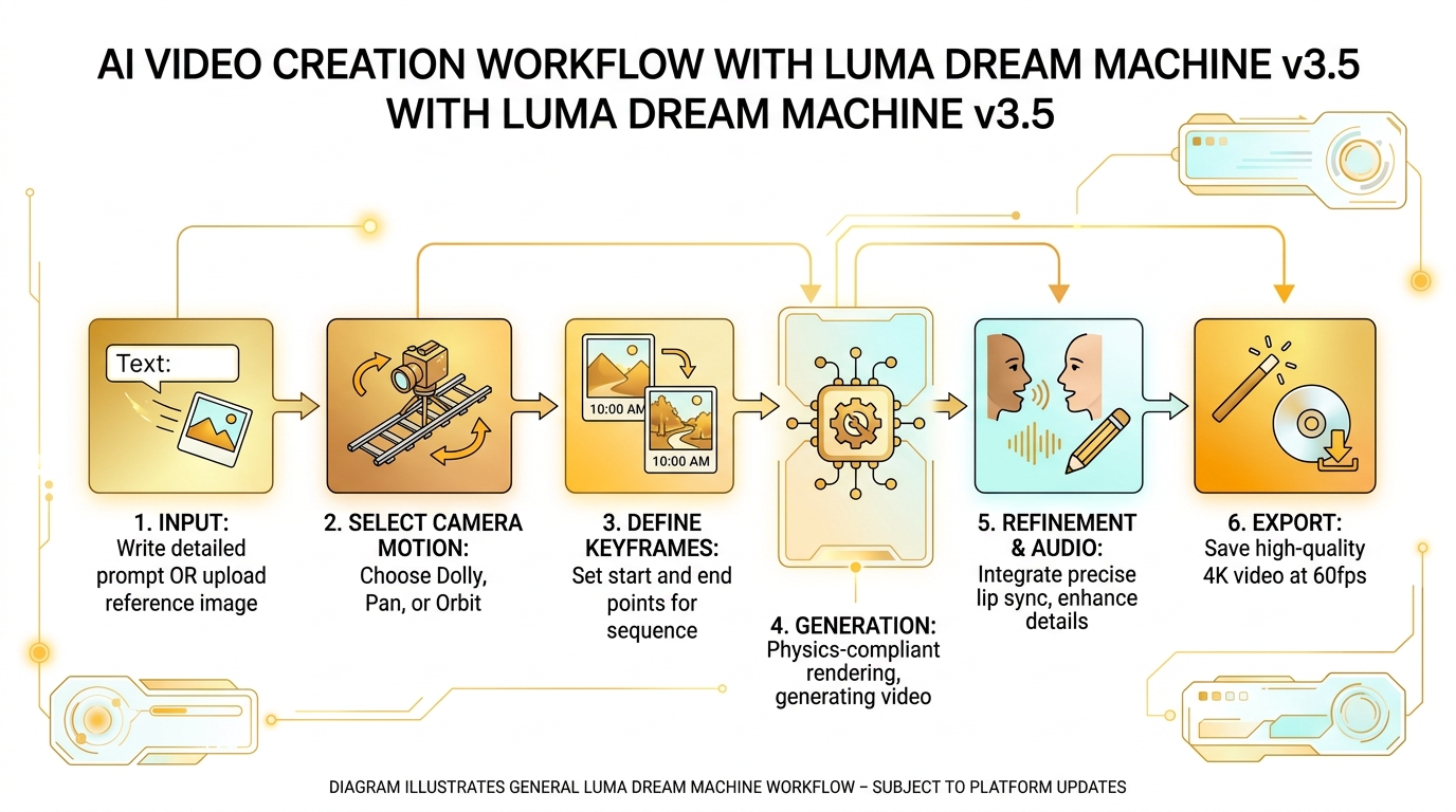 Six-step workflow for creating AI video with Luma Dream Machine v3.5 from prompt to 4K export