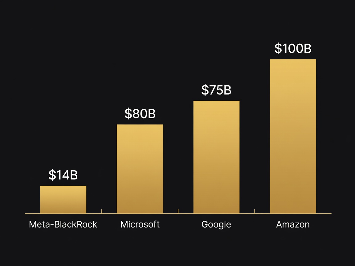 Bar chart comparing major AI infrastructure investments: Meta-BlackRock $14B, Microsoft $80B, Google $75B, Amazon $100B plus cumulative