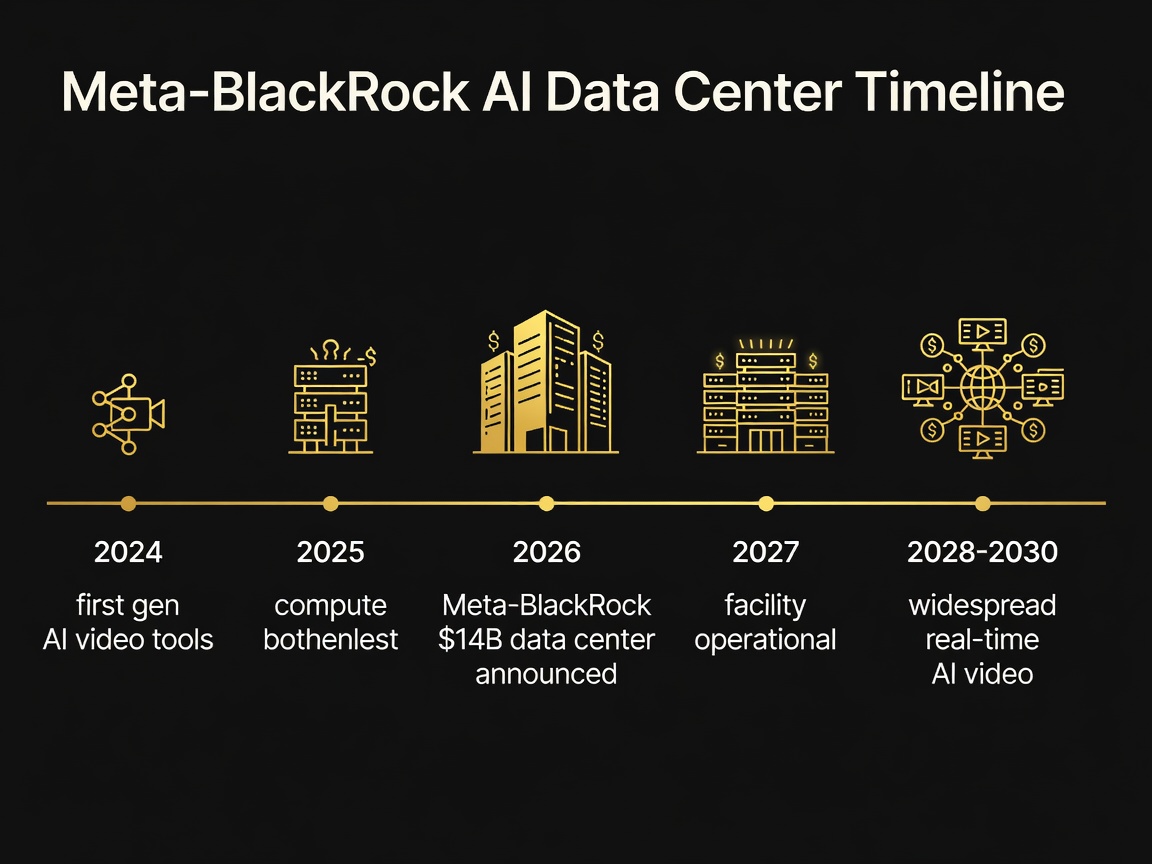 Timeline showing AI video compute capacity evolution from 2024-2030 with the Meta BlackRock data center milestone