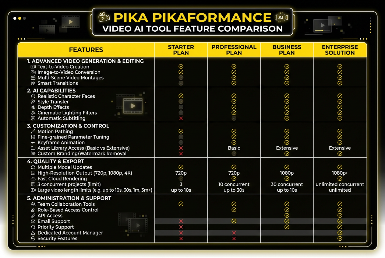 Pika Pikaformance feature matrix showing lip sync, jaw motion, eye blinks, and micro-expressions