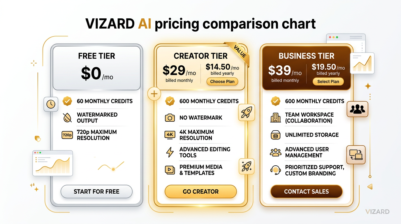 Pricing comparison chart for Vizard AI showing Free, Creator at $29/mo or $14.50/mo yearly, and Business at $39/mo or $19.50/mo yearly