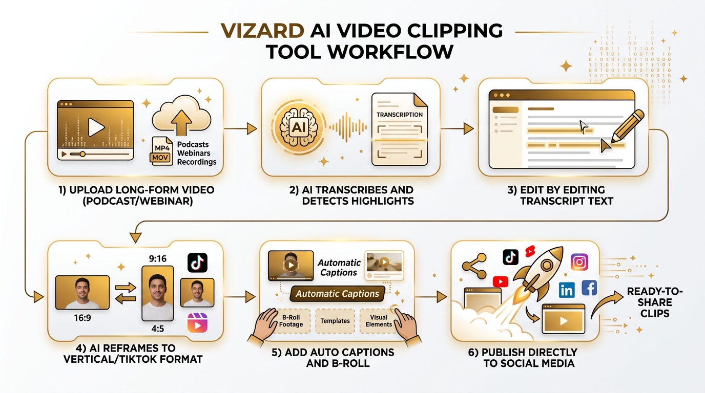 Six-step workflow diagram for Vizard AI: upload video, AI transcribes and detects highlights, edit by editing text, AI reframes to vertical, add captions and B-roll, publish to social media