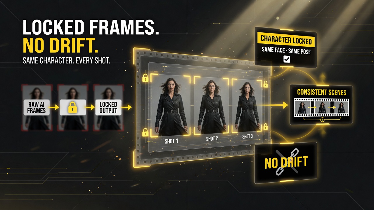 Character and scene consistency across shots: locked frames keep the same face, pose, and setting.