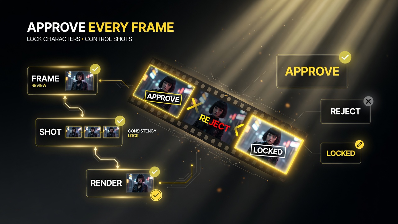 Frame-by-frame approval workflow: review, approve or reject, then lock before the final render.