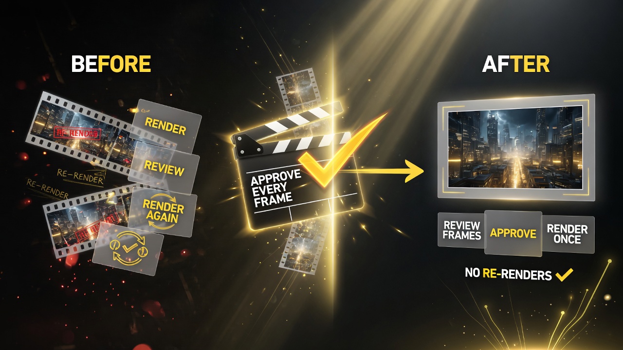 Render once, not repeatedly: review frames and approve before the final render to avoid wasted re-renders.