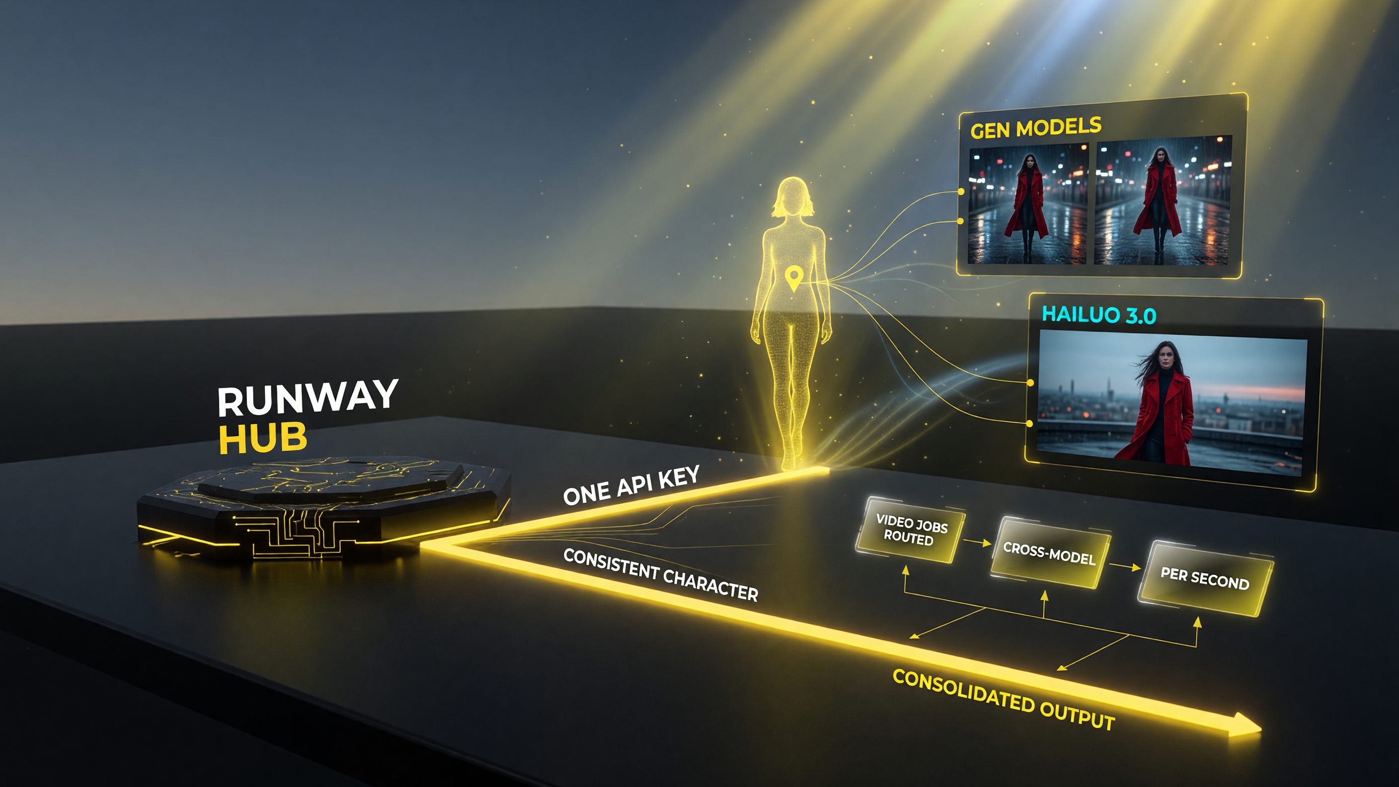 Runway as a model hub: one API key routes AI video jobs across Runway Gen models and Hailuo 3.0, with reference images keeping one subject consistent
