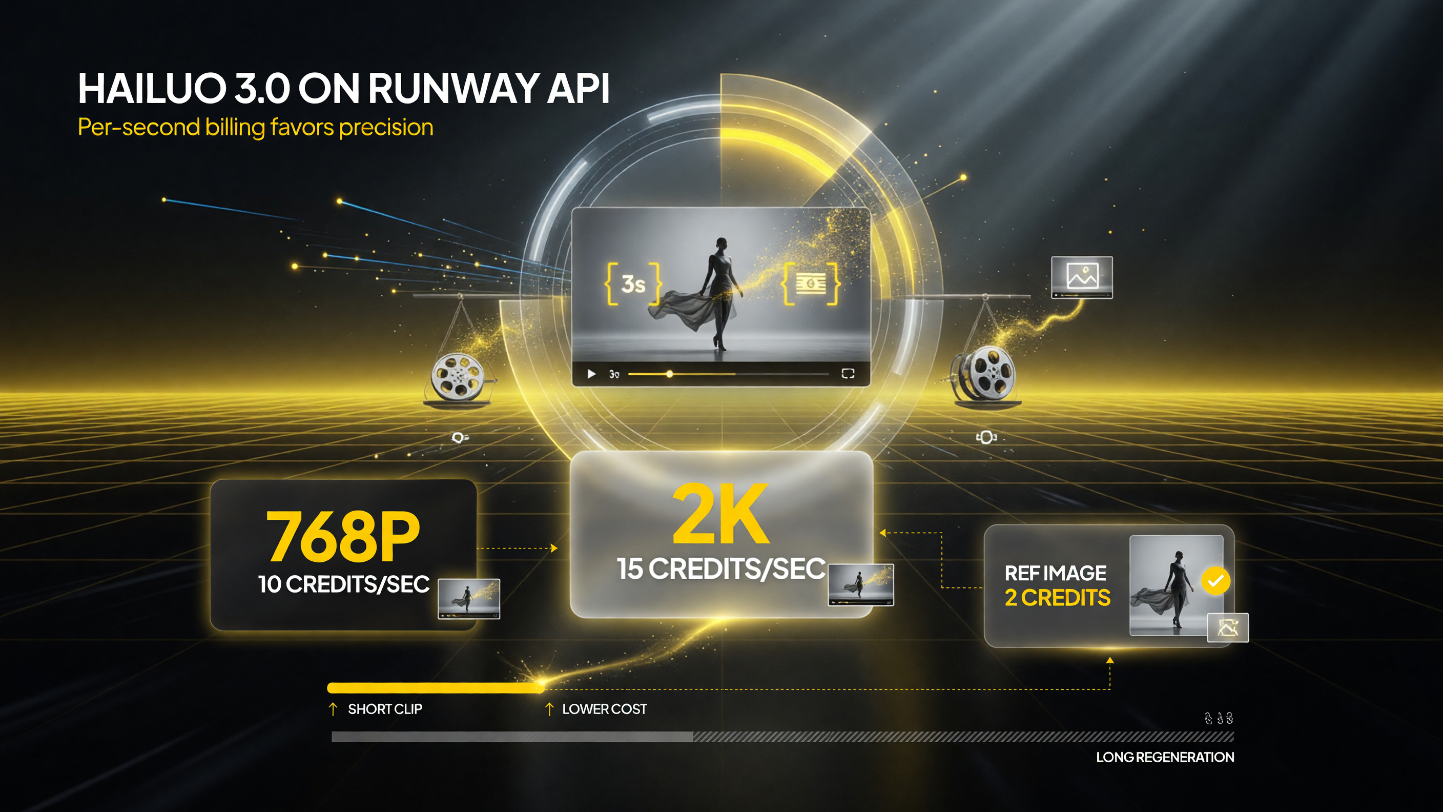 Hailuo 3.0 pricing on the Runway API: 10 credits/sec at 768p, 15 credits/sec at 2K, 2 credits per reference image
