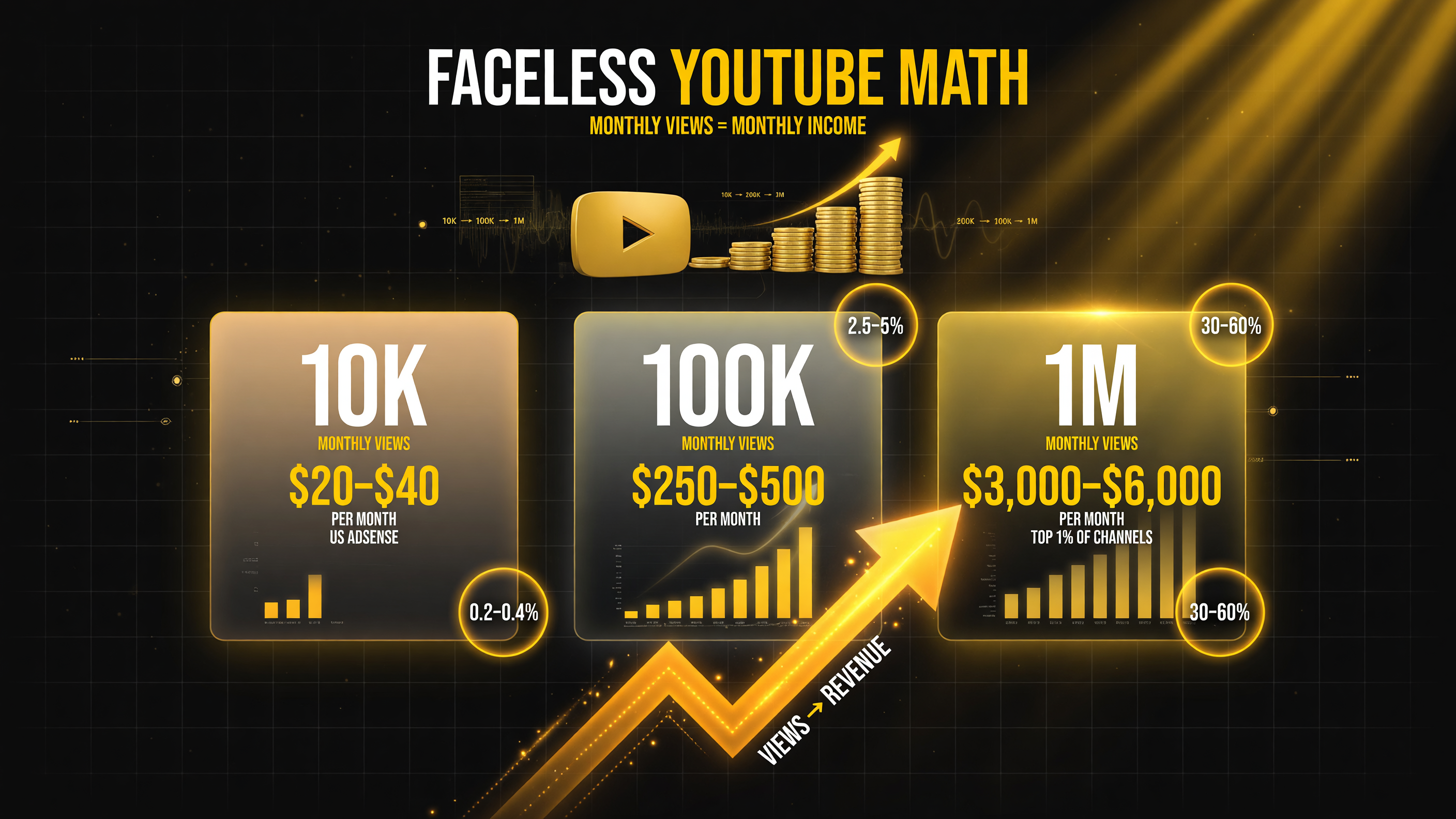 Faceless YouTube monetization math: 10K views = $20-40/mo, 100K = $250-500/mo, 1M = $3,000-6,000/mo (US AdSense, top 1% of channels)