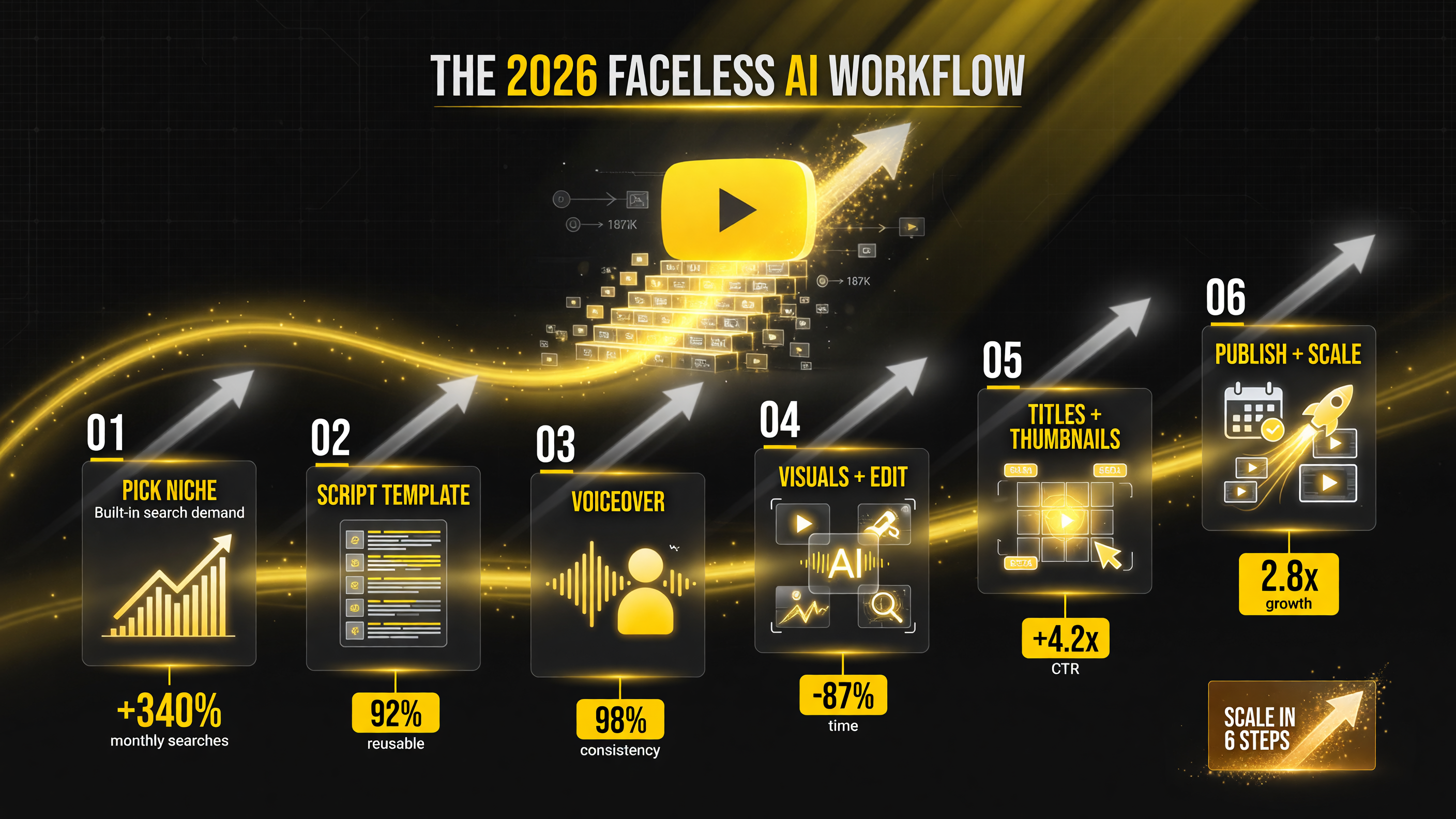 The 6-step AI workflow to scale a faceless YouTube channel: pick a niche with search demand, build a script template, generate a consistent voiceover, automate visuals and editing, optimize titles and thumbnails with AI, then publish on a consistent cadence