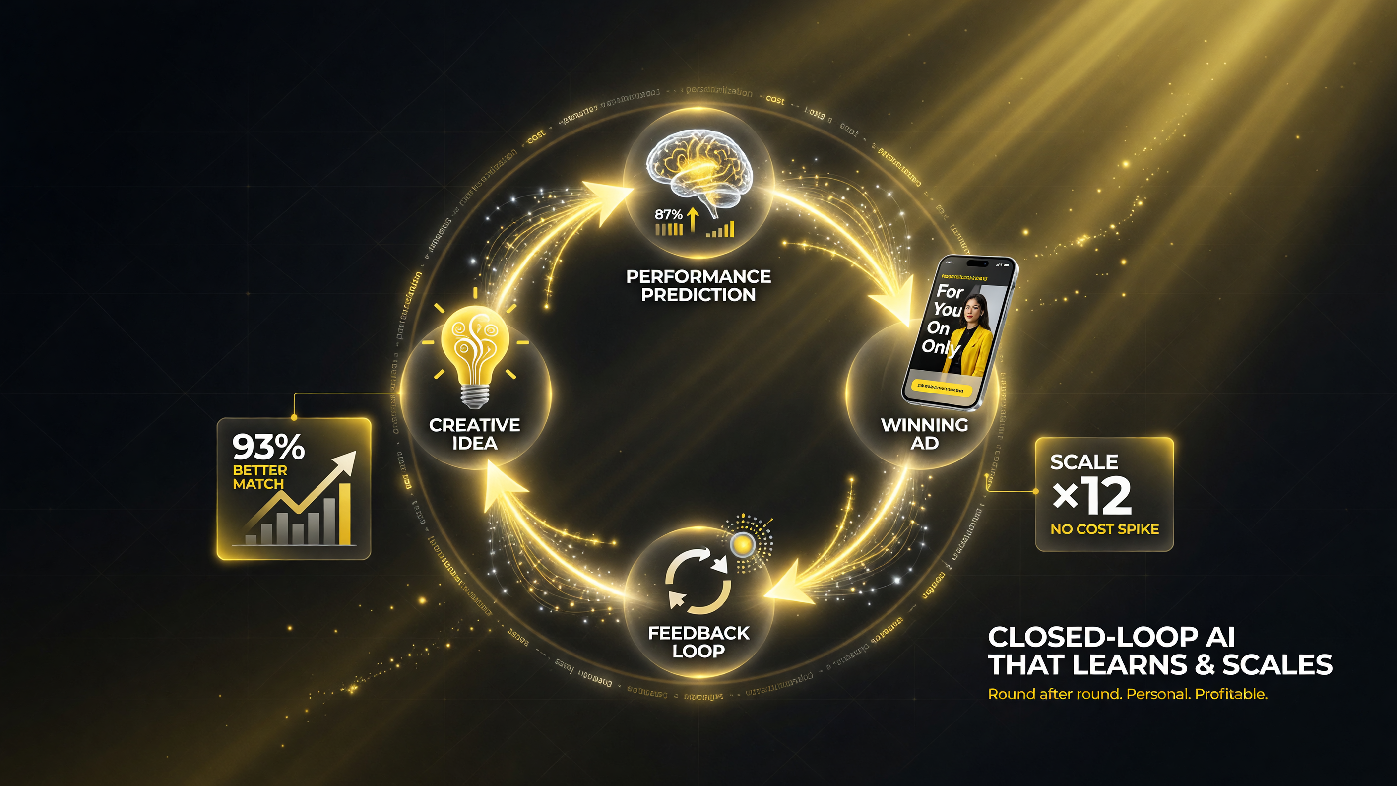 Closed-loop flow from creative idea to performance prediction to winning ad that learns and personalizes at scale