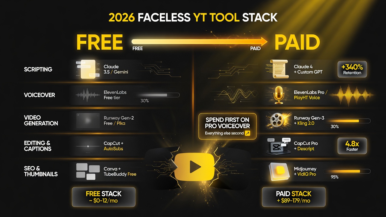 Free versus paid minimum viable tool stack for faceless YouTube in 2026: scripting, voiceover, video generation, editing and captions, SEO and thumbnails — start free, spend on a pro voiceover voice first