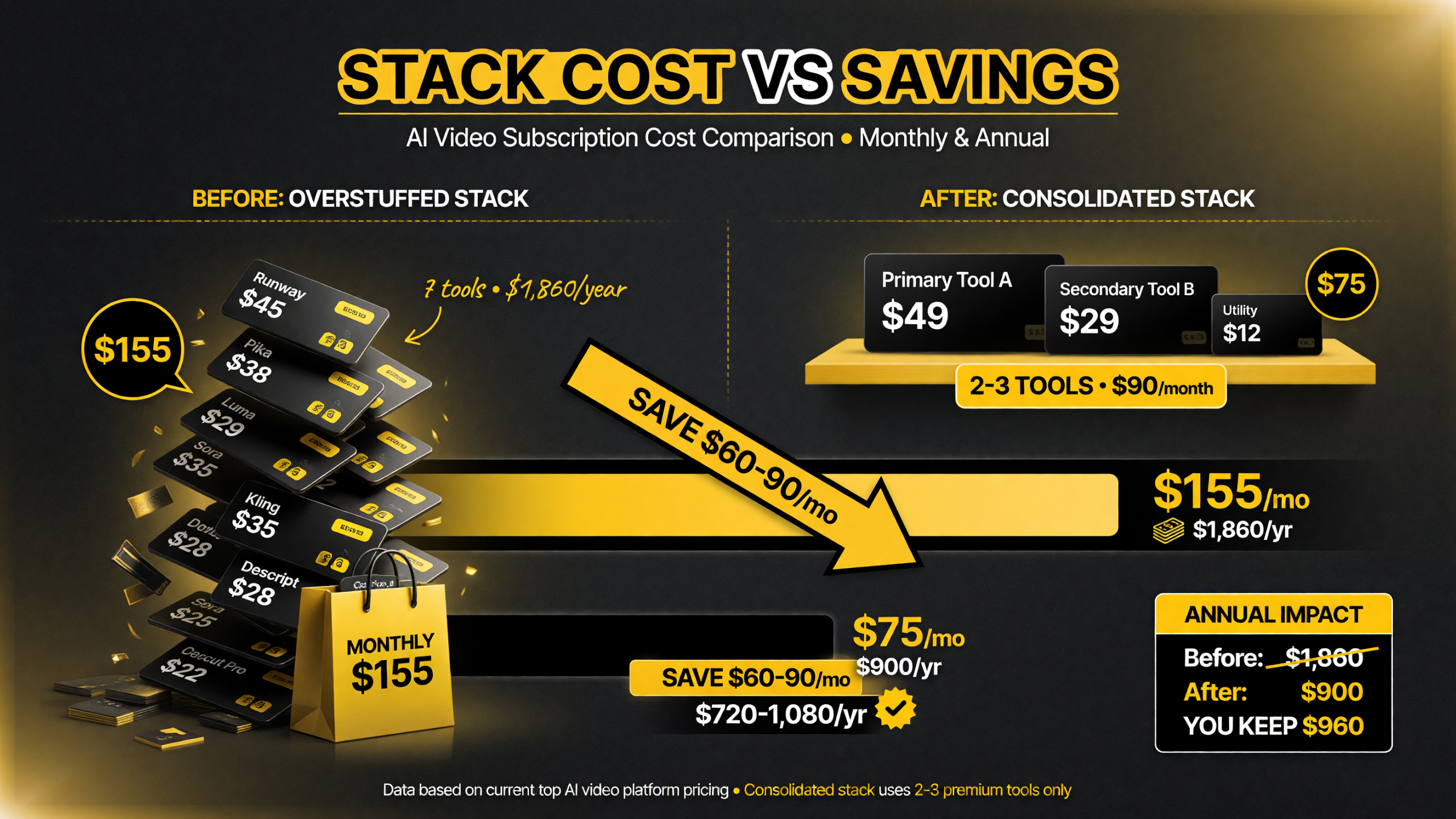 Stack cost comparison showing about 155 dollars a month for an overstuffed stack, freeing up 60 to 90 dollars a month by consolidating