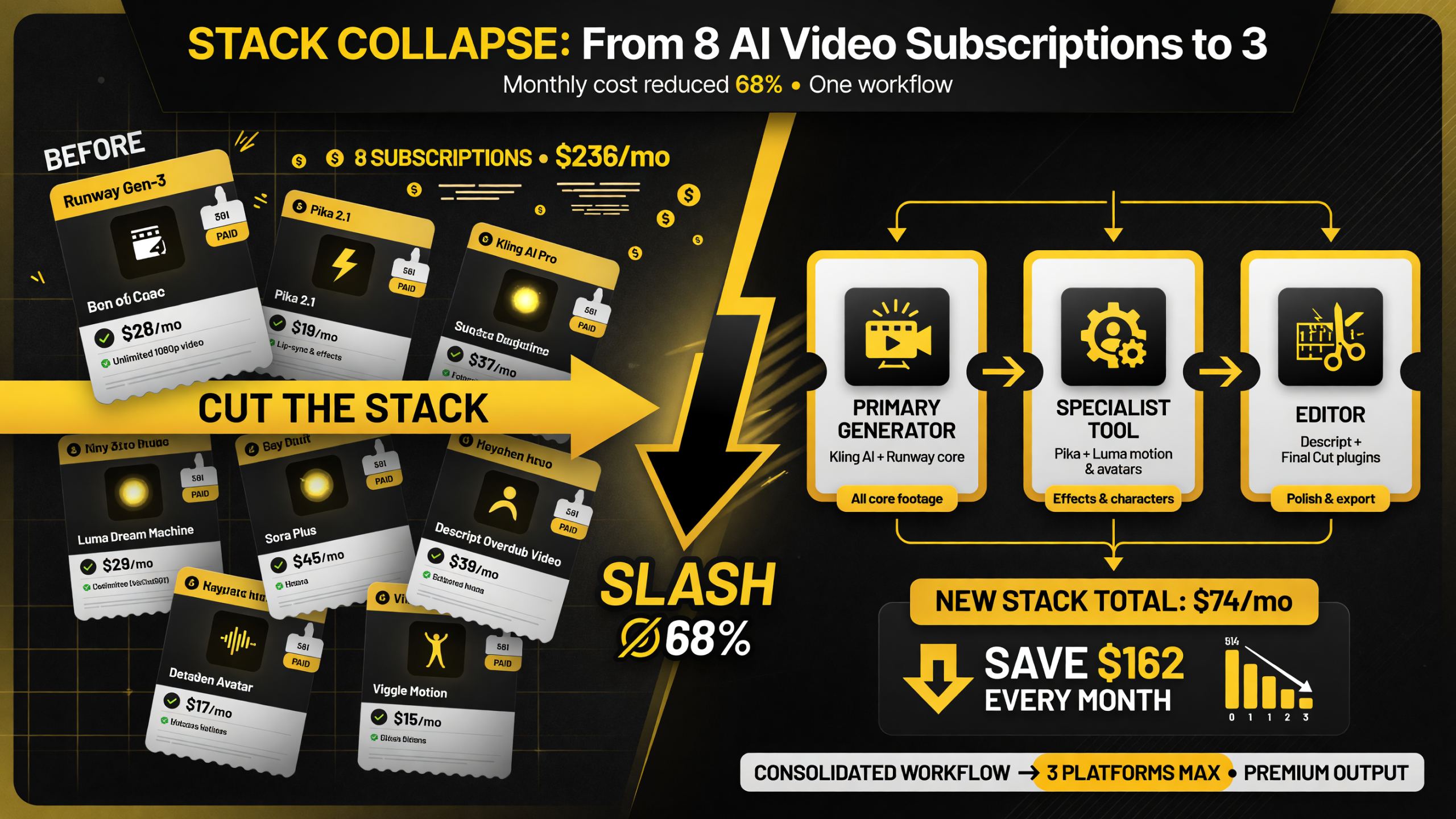 AI video tool stack consolidation showing eight subscriptions cut down to a three-slot pipeline of primary generator, specialist tool, and editor