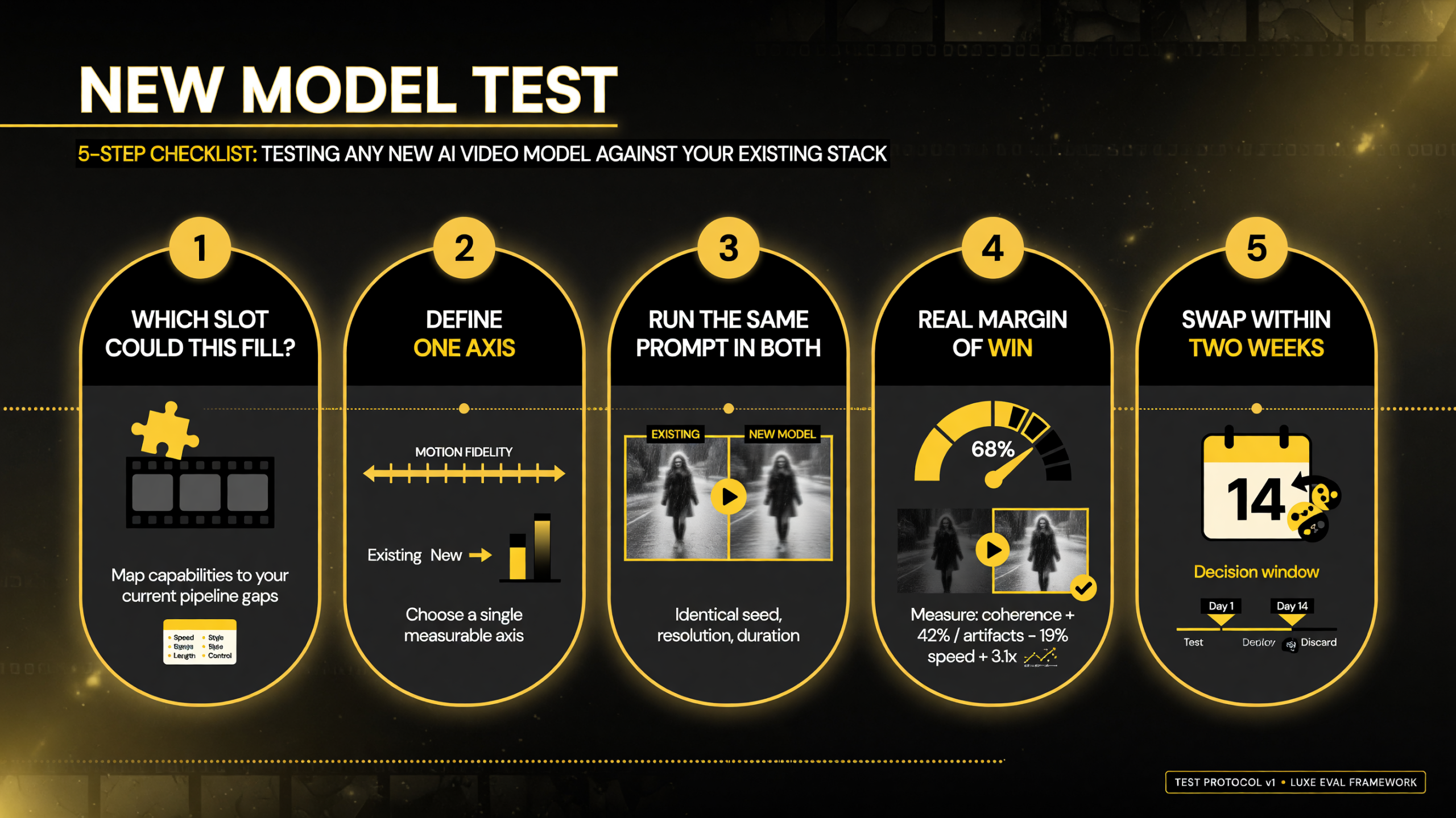 Five-step new AI video model test checklist: which slot it fills, one axis, same prompt, real winning margin, swap within two weeks