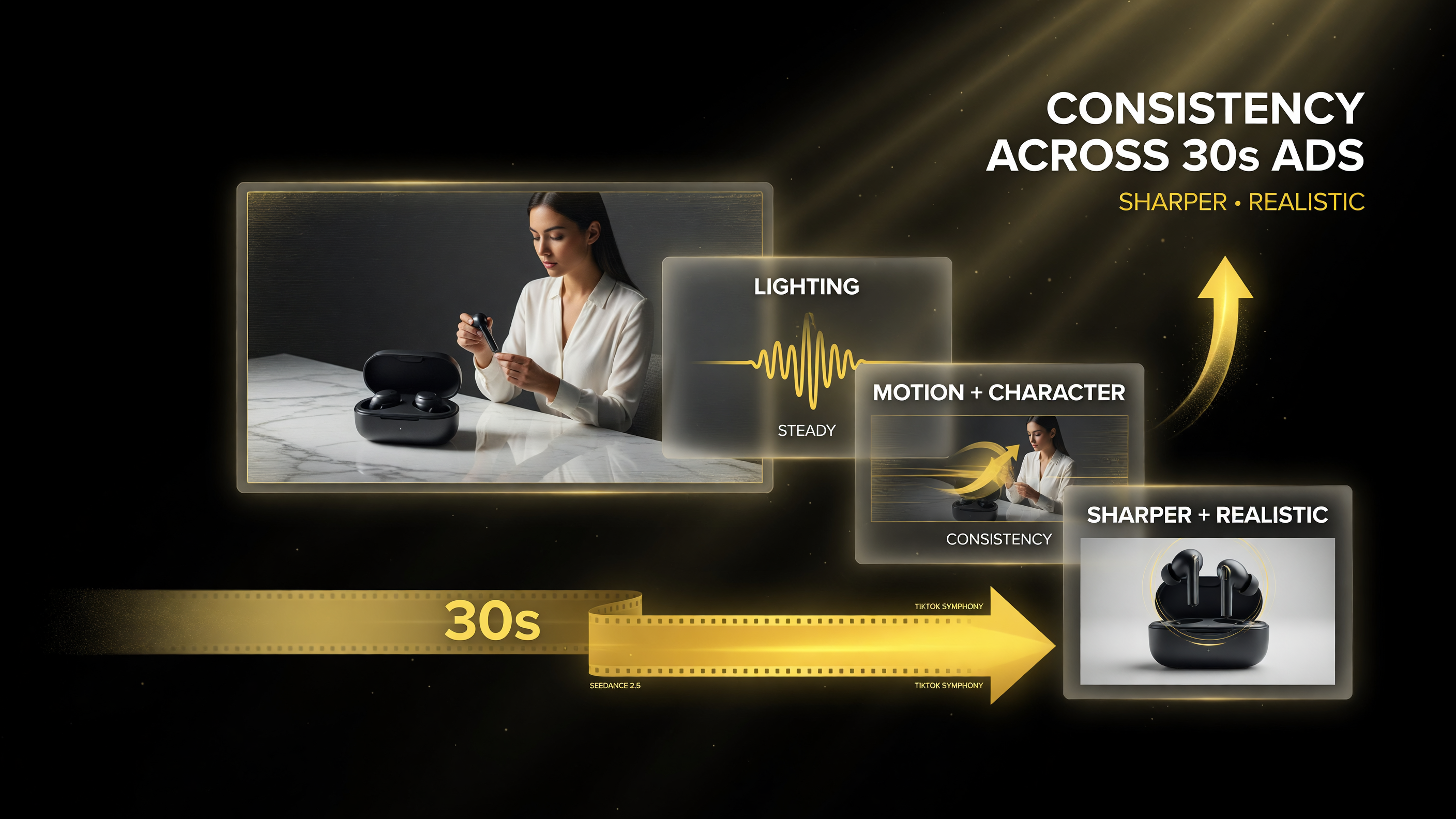 Seedance 2.5 in TikTok Symphony keeps lighting, motion, and character consistency steady across 30-second AI video ads with sharper realistic imagery