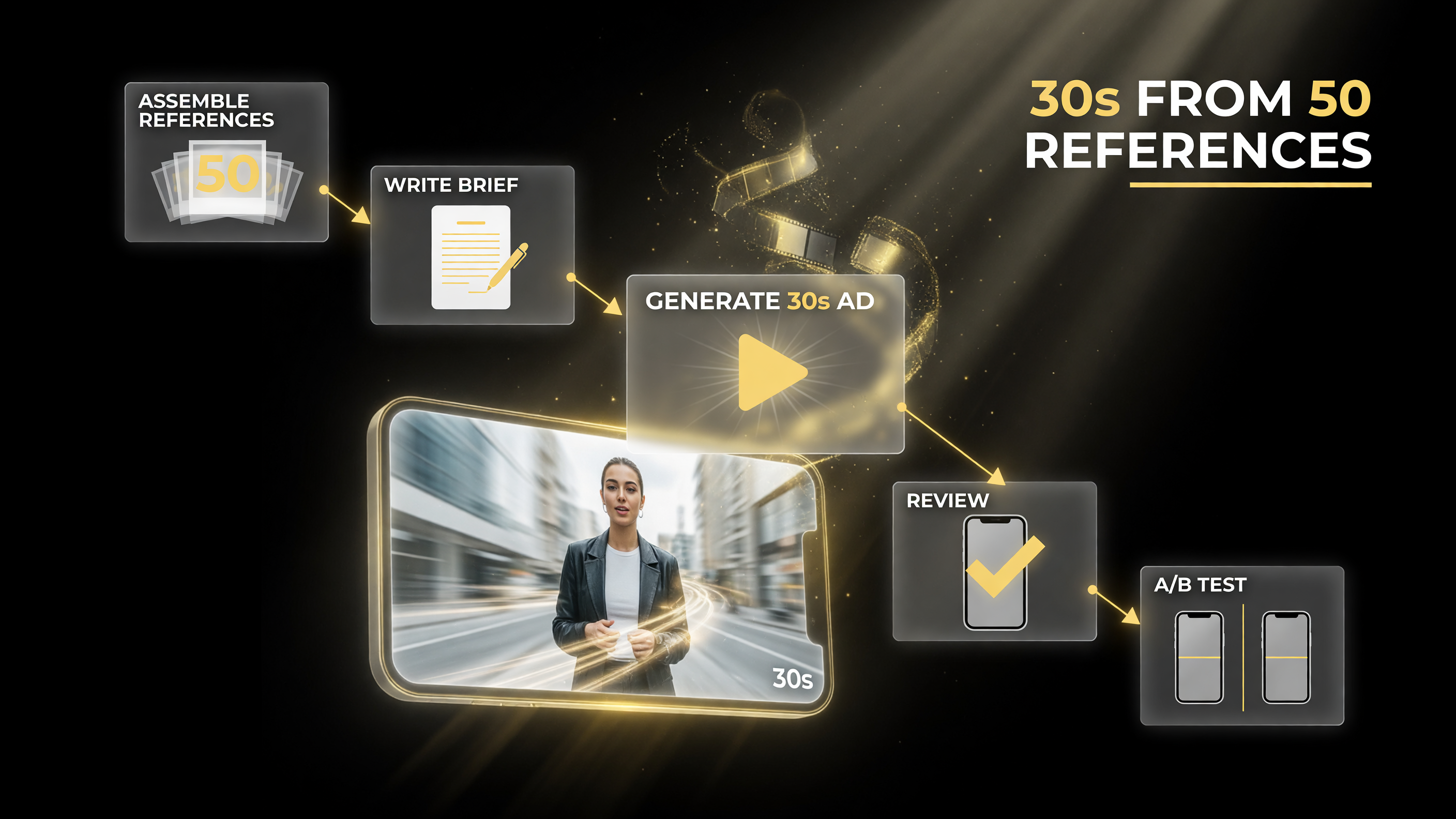 How a U.S. advertiser creates a 30-second AI video ad in TikTok Symphony with Seedance 2.5: assemble up to 50 references, write the brief, generate the 30-second ad, review and A/B test