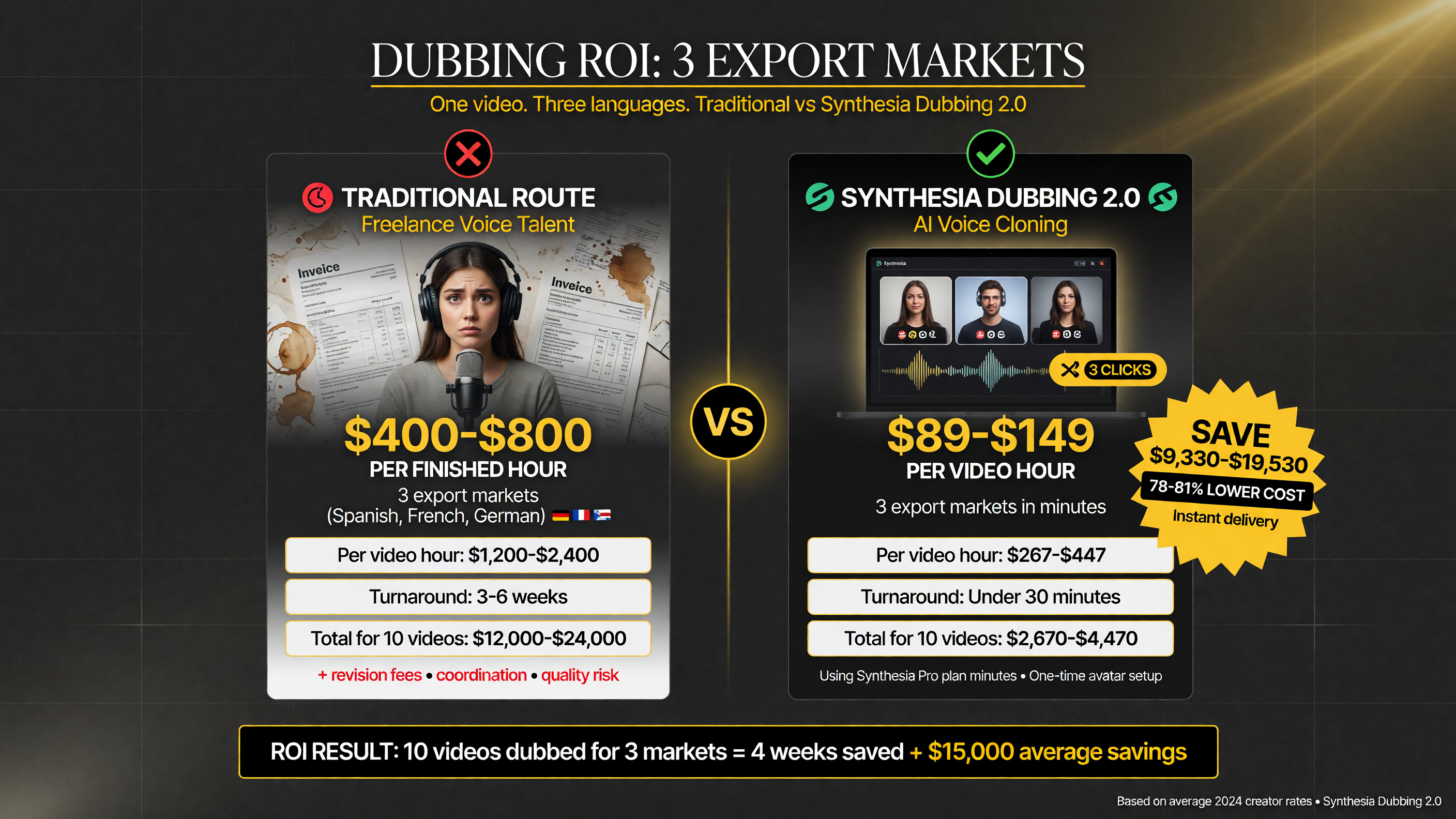 Cost comparison of AI dubbing with Synthesia Dubbing 2.0 versus freelance voice talent