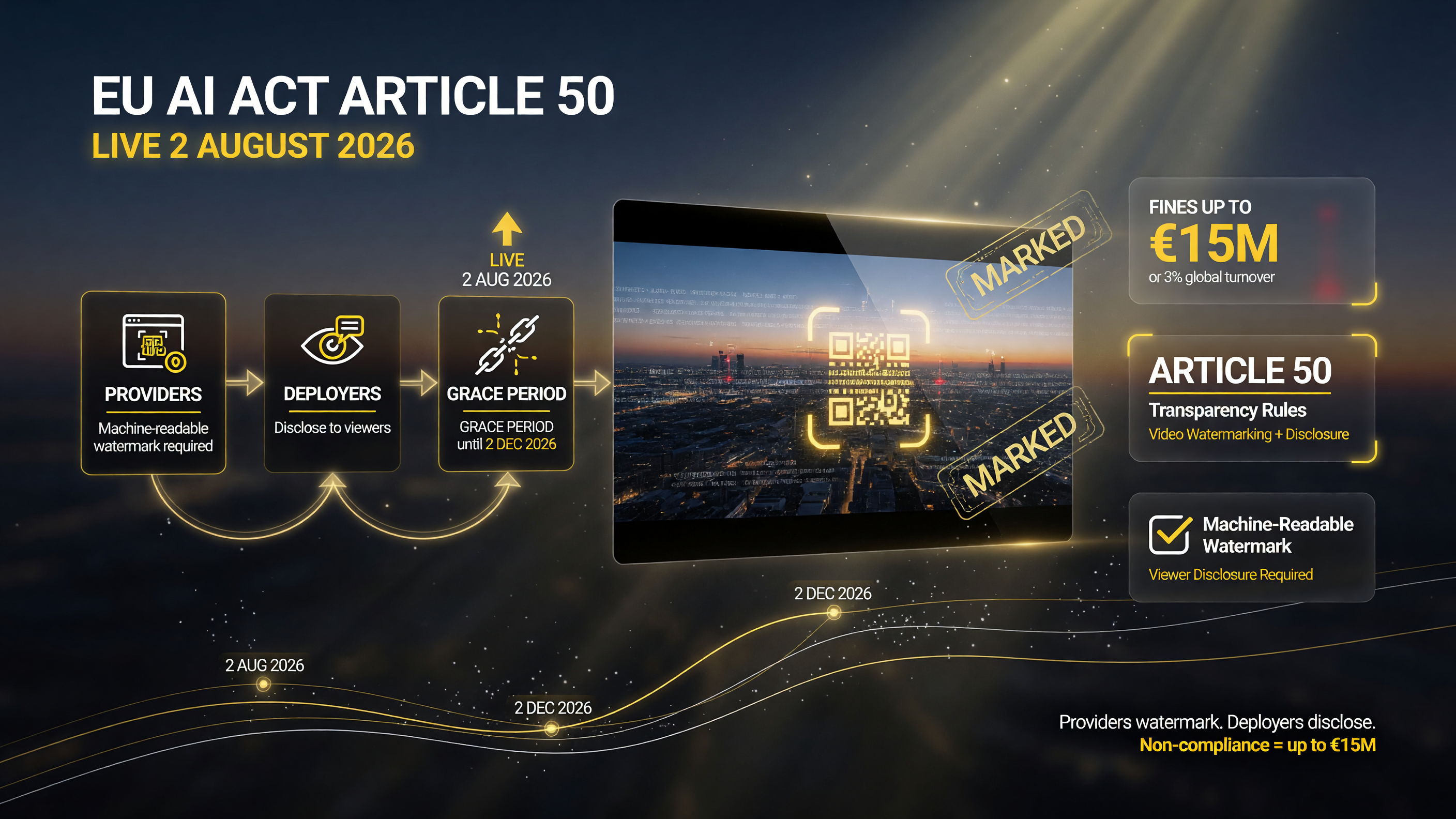 EU AI Act Article 50 timeline: transparency rules live from August 2, 2026, with fines up to €15M and a December 2, 2026 grace period for existing models.