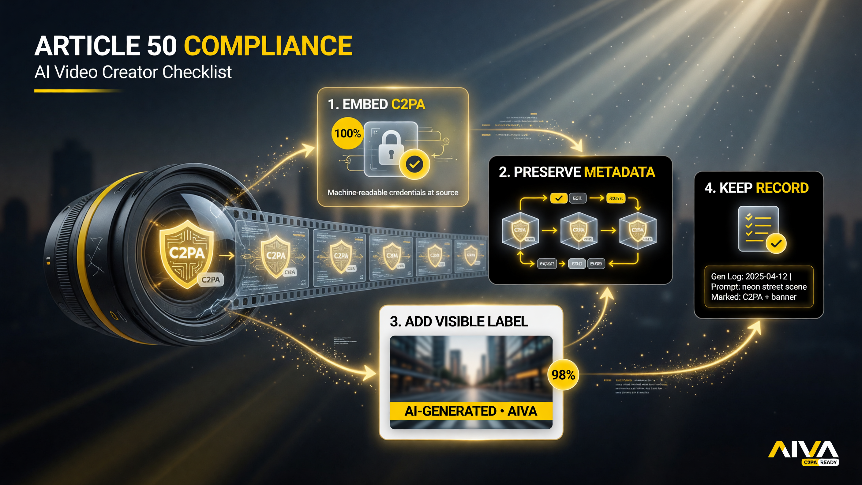 Article 50 compliance checklist: confirm C2PA credentials, preserve metadata, add a visible label to realistic AI video, and keep a generation record.
