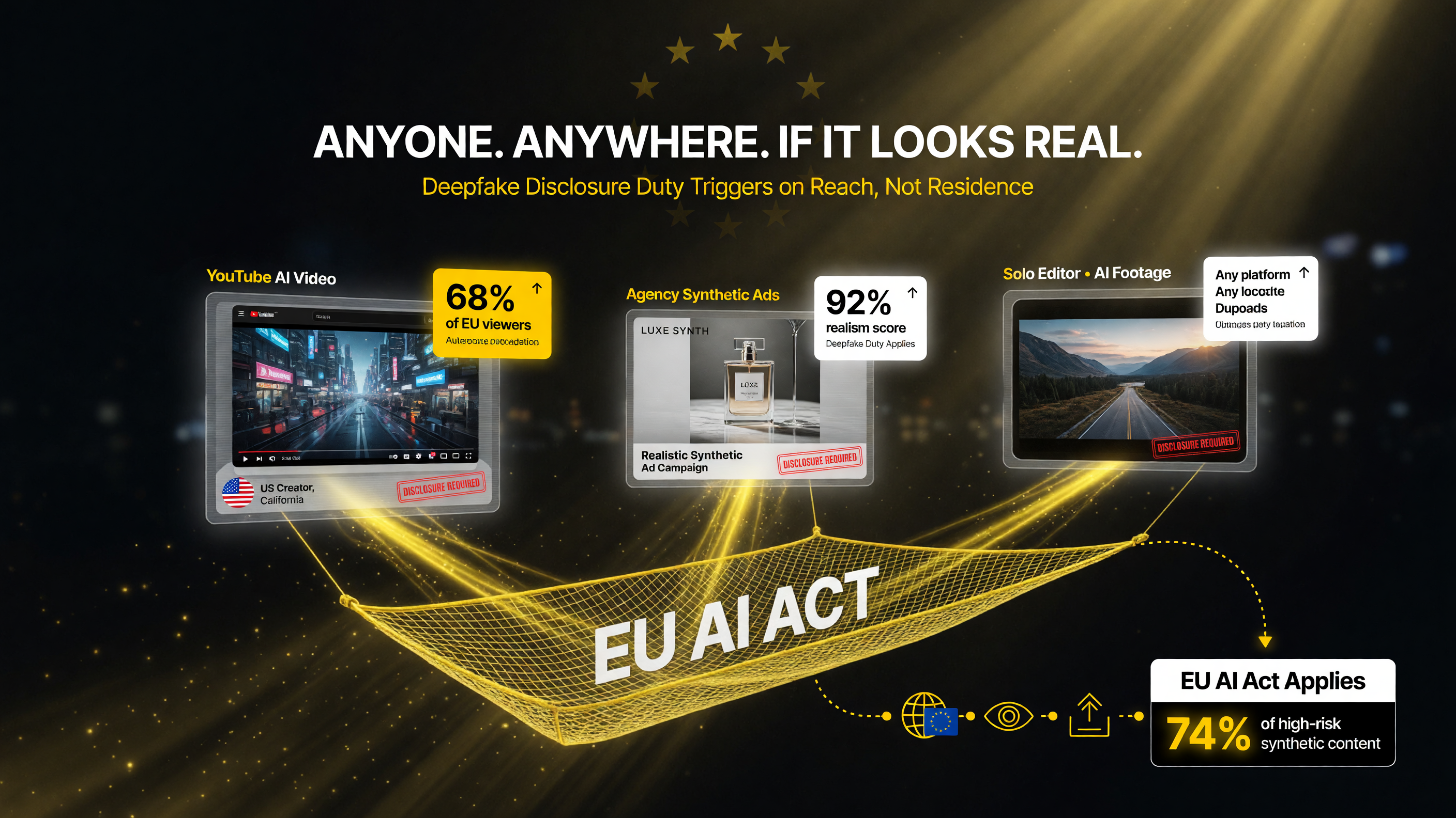 Who the EU AI Act catches: US creators on YouTube, agencies delivering synthetic ads, and solo editors — anyone publishing realistic AI video an EU viewer can reach.