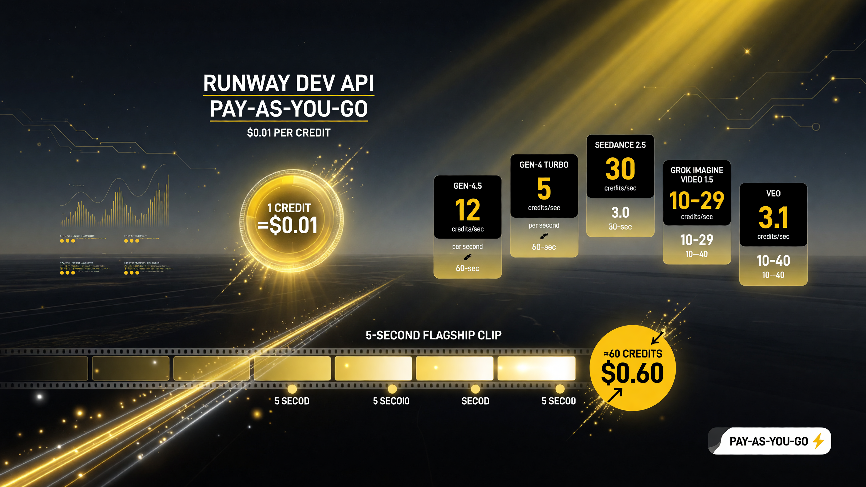 Runway Dev API credit costs per model: Gen-4.5 at 12 credits/sec, Gen-4 Turbo at 5, Seedance 2.5 at 30, Grok Imagine Video 1.5 at 10-29, and Veo 3.1 at 10-40, with credits at $0.01 each.