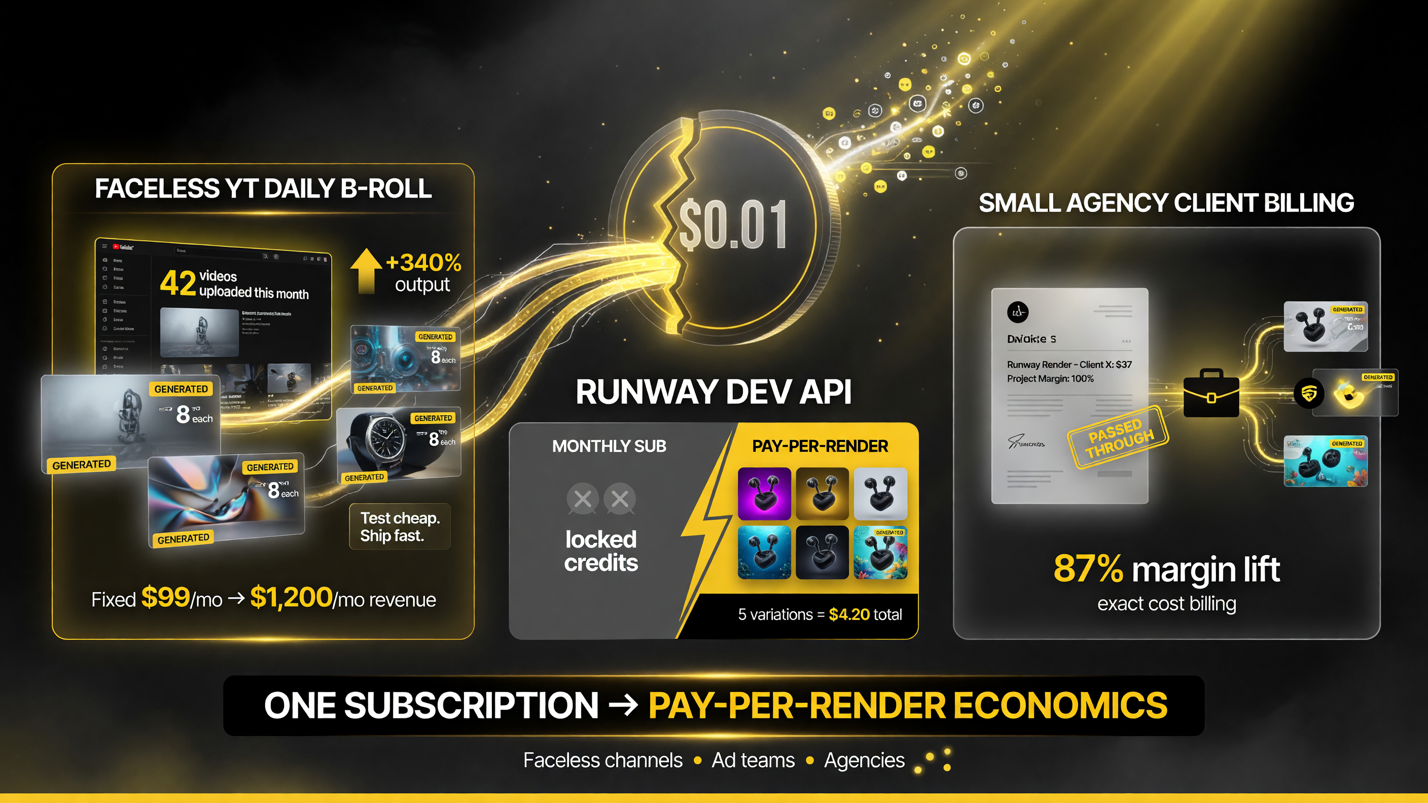 Creator use cases that pay for the Runway Dev API: faceless YouTube b-roll, product ad testing, and client work billed at exact generation cost.