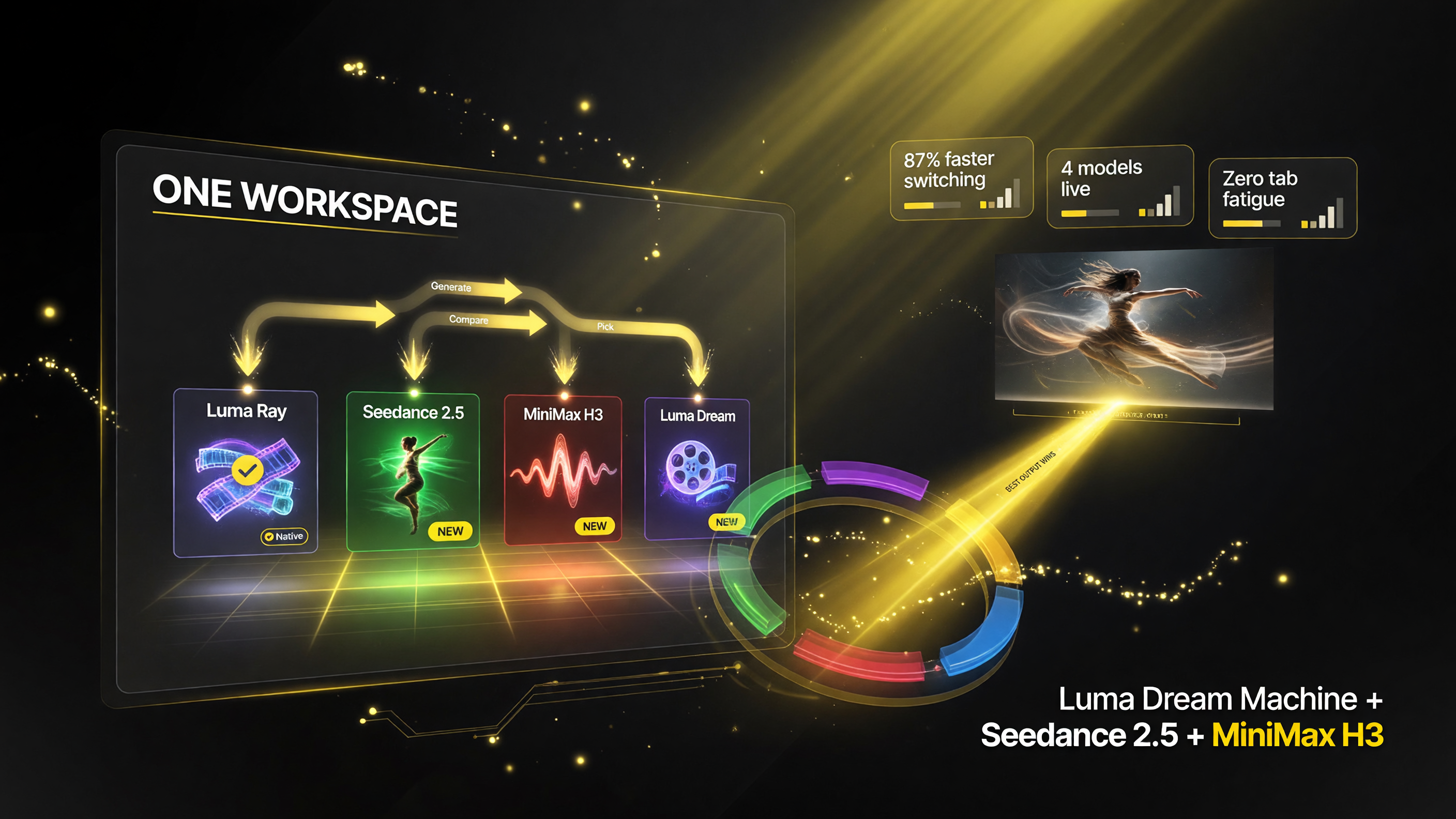 Luma Dream Machine workspace showing Seedance 2.5, MiniMax H3, and Luma native models side by side