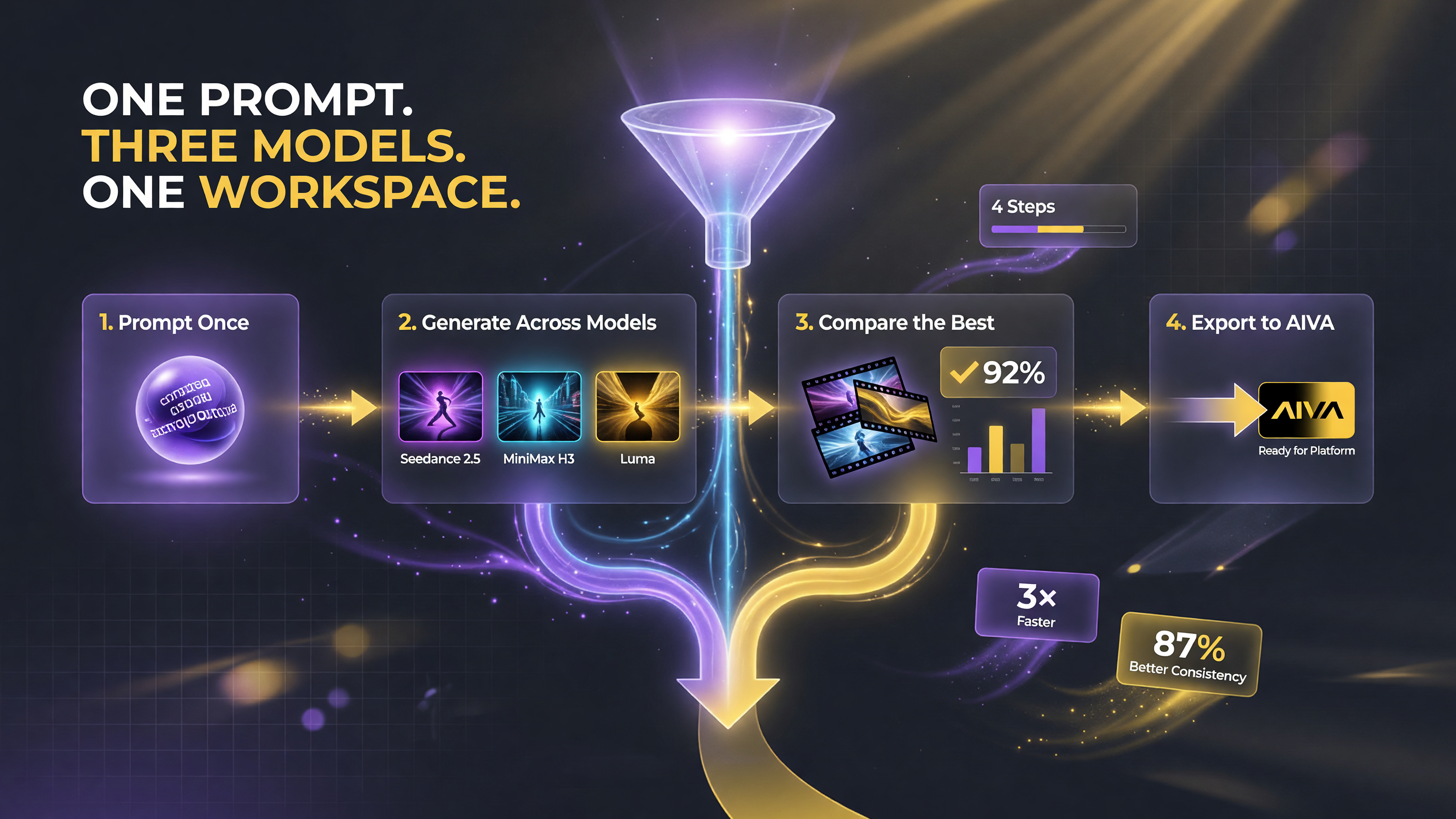 A 4 step video workflow diagram inside Luma from prompt to final export
