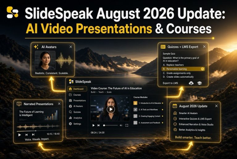 SlideSpeak August 2026 AI update for video presentations and course building