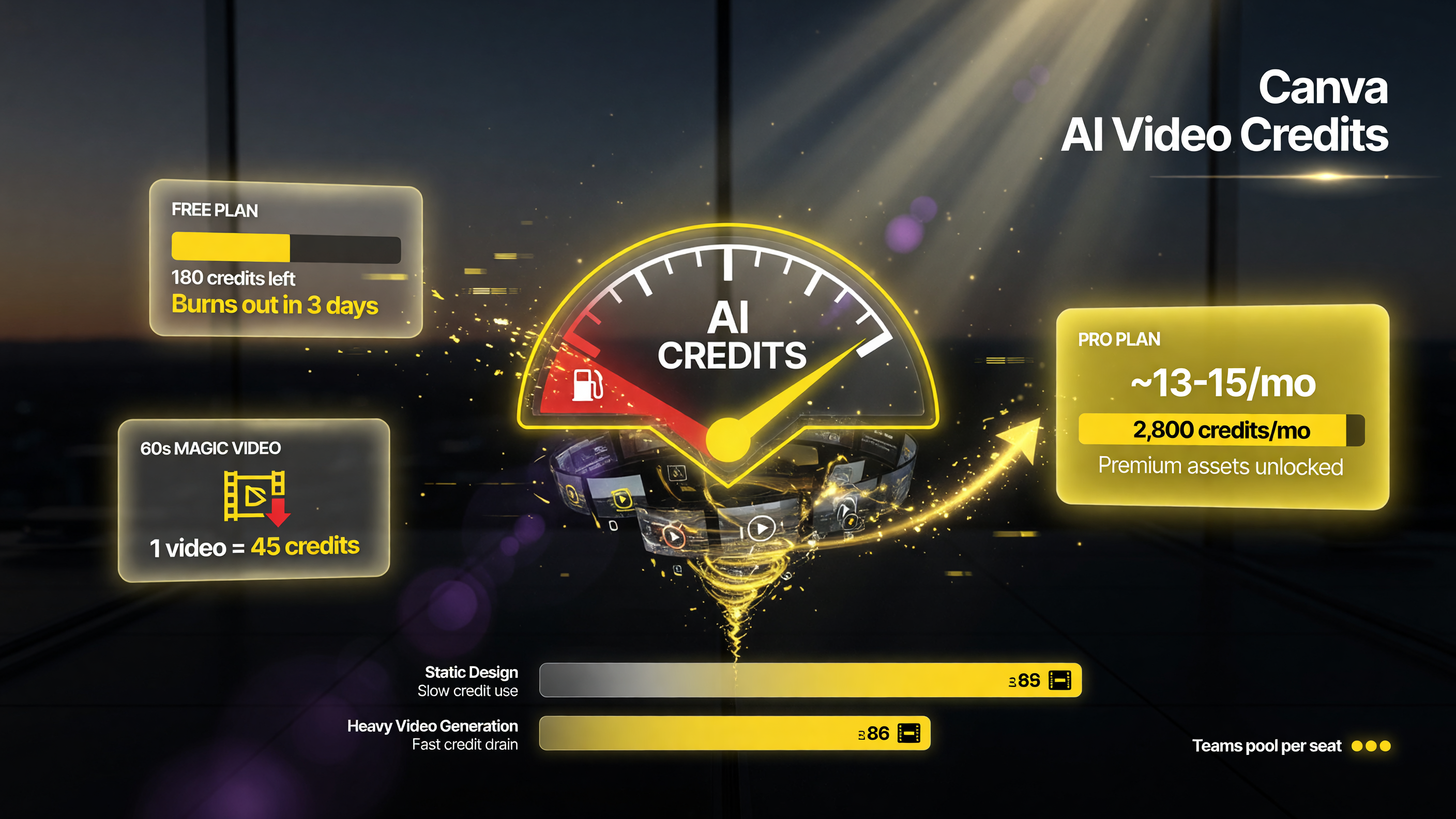 Chart comparing Canva Free, Pro and Teams plans and their AI video credit allowances versus how fast video generation burns credits