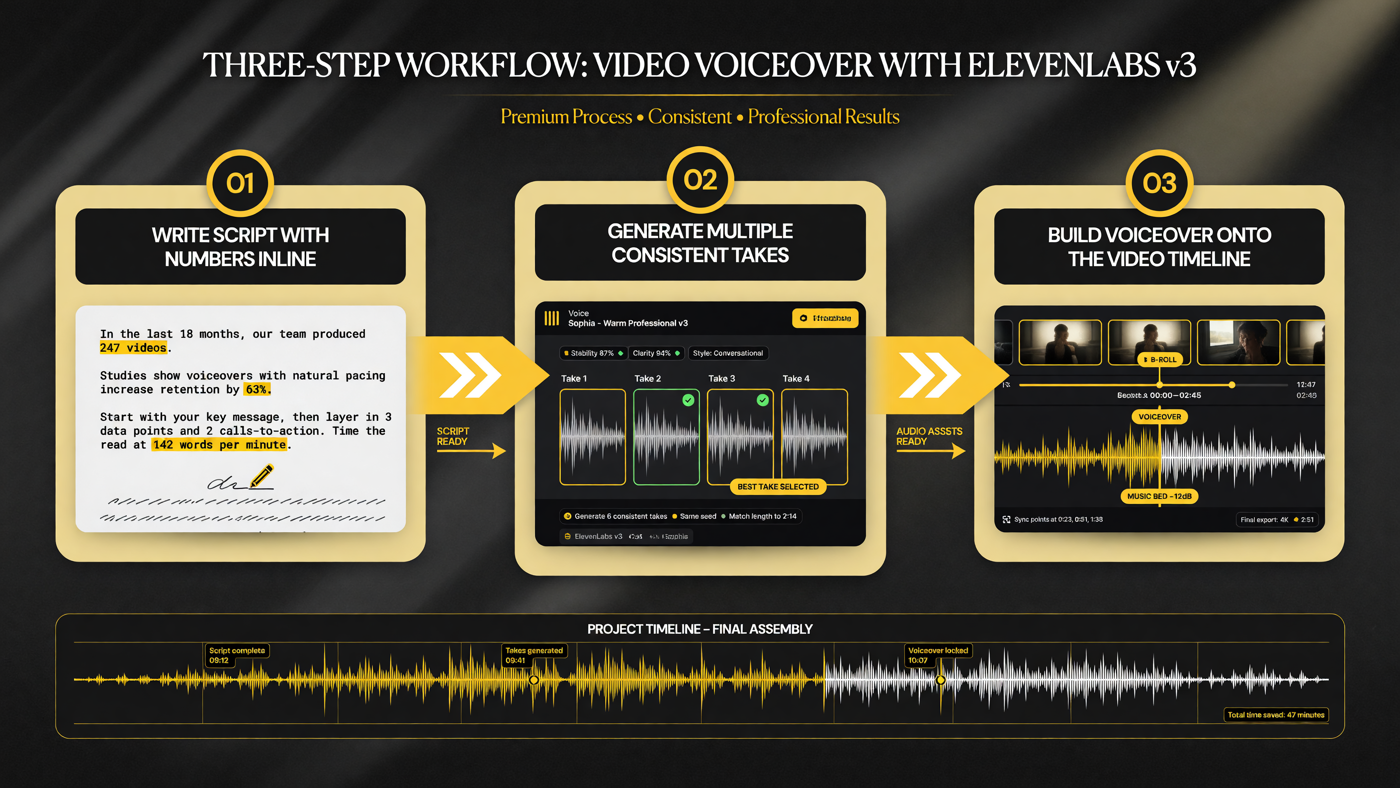 Three-step ElevenLabs v3 voiceover workflow: write script with numbers inline, generate consistent takes, build onto the timeline