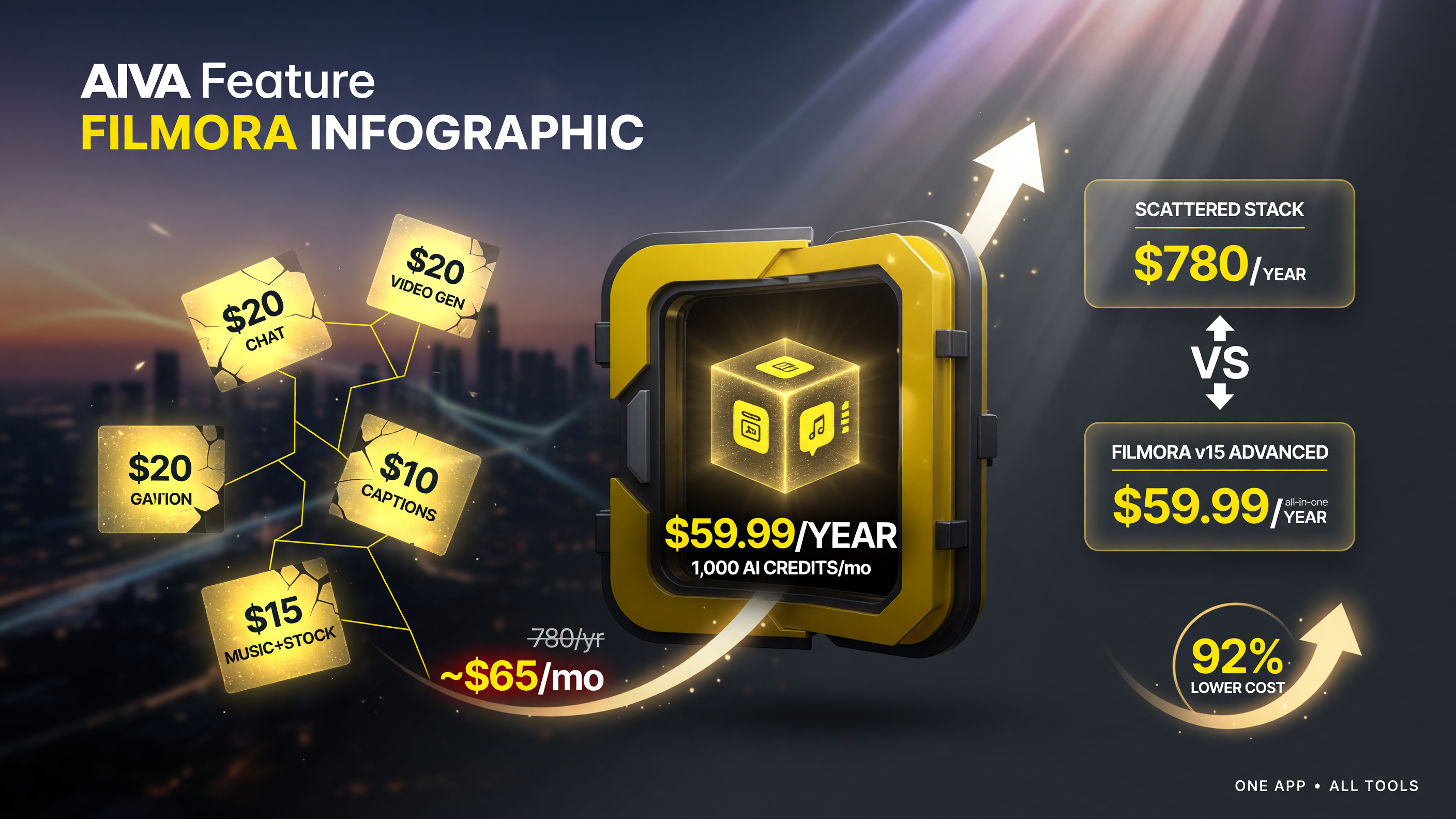 Filmora v15 pricing: .99/yr planes with AI credits vs a scattered stack around 0/yr