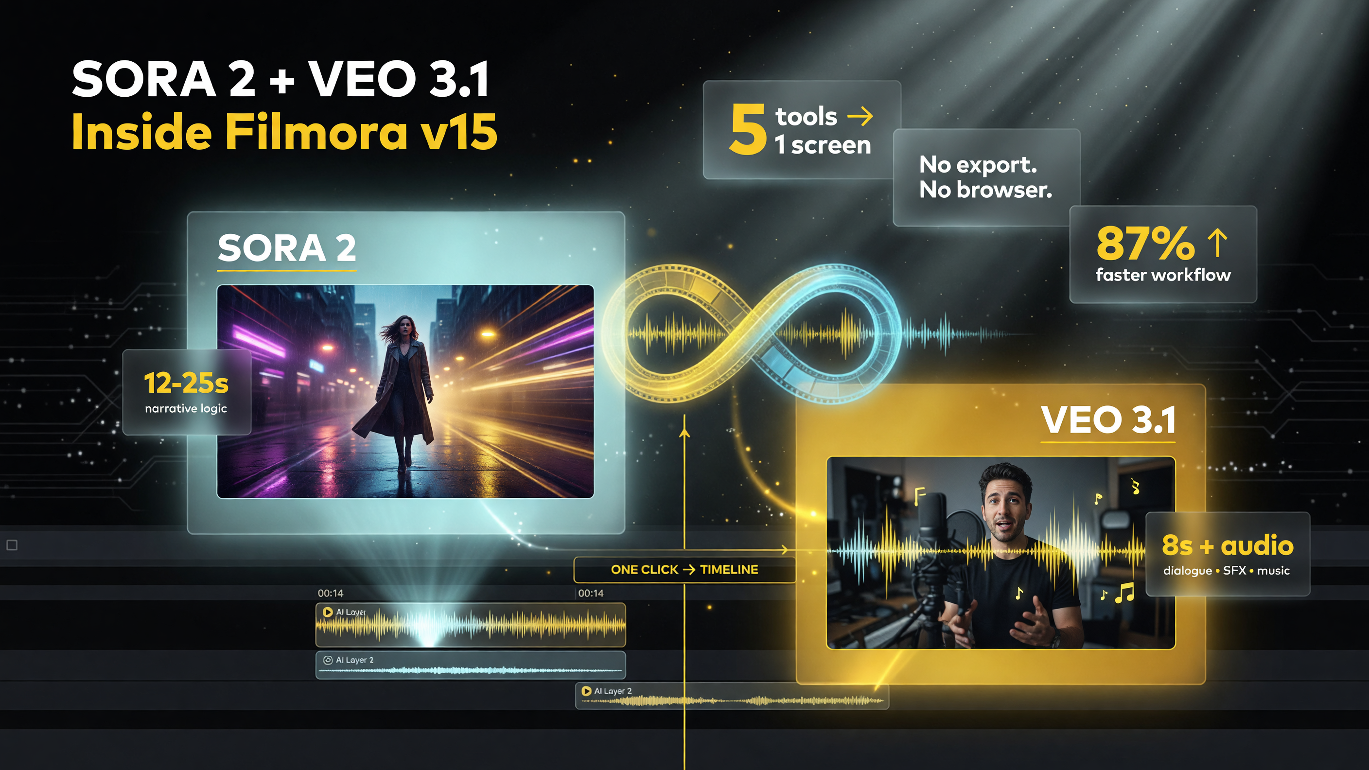 Filmora v15 workflow: Sora 2 and Veo 3.1 generate clips onto a single editing timeline