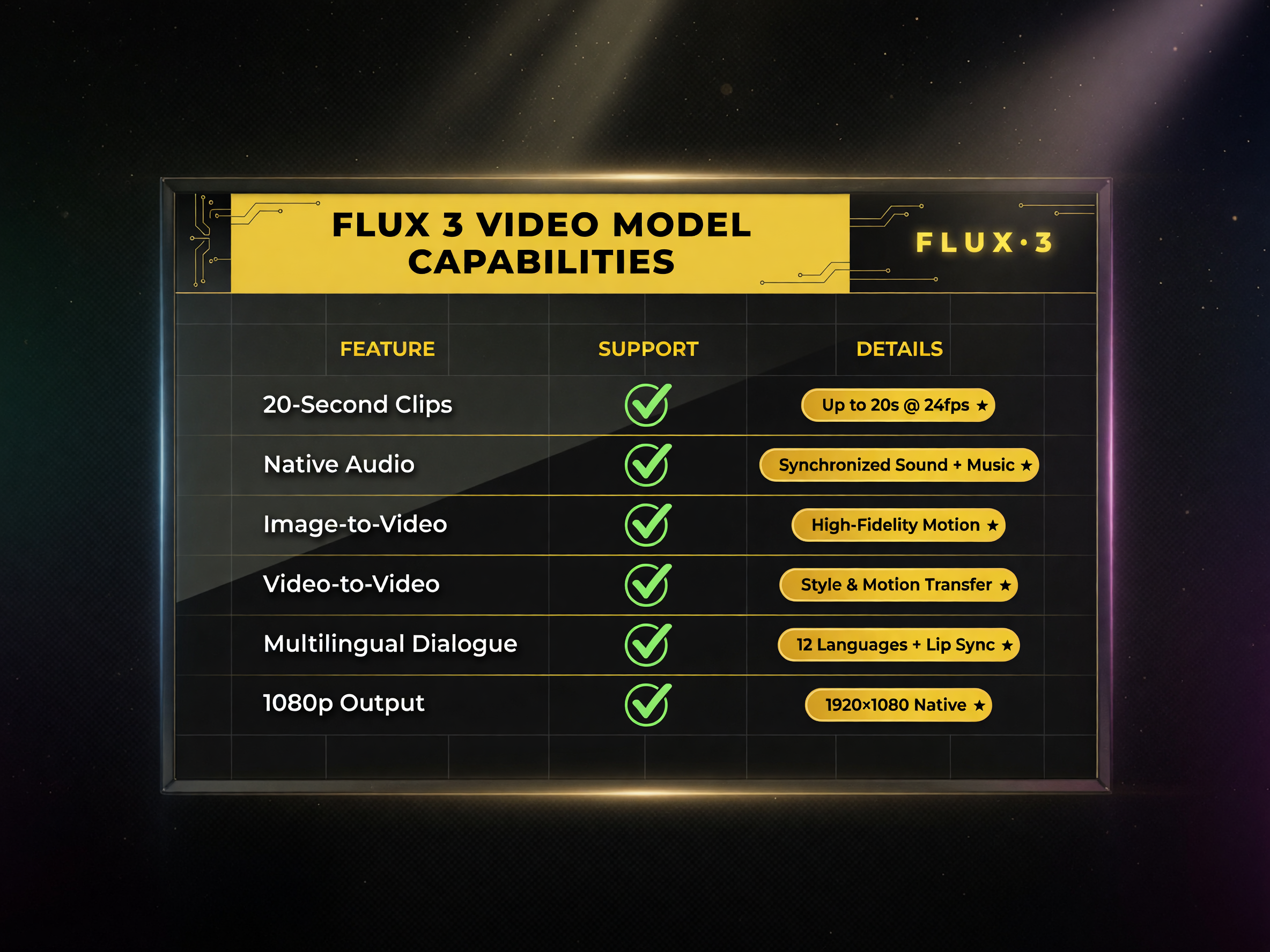 FLUX 3 features comparison table showing 20-second clips, native audio, image-to-video, video-to-video, multilingual dialogue, and 1080p output
