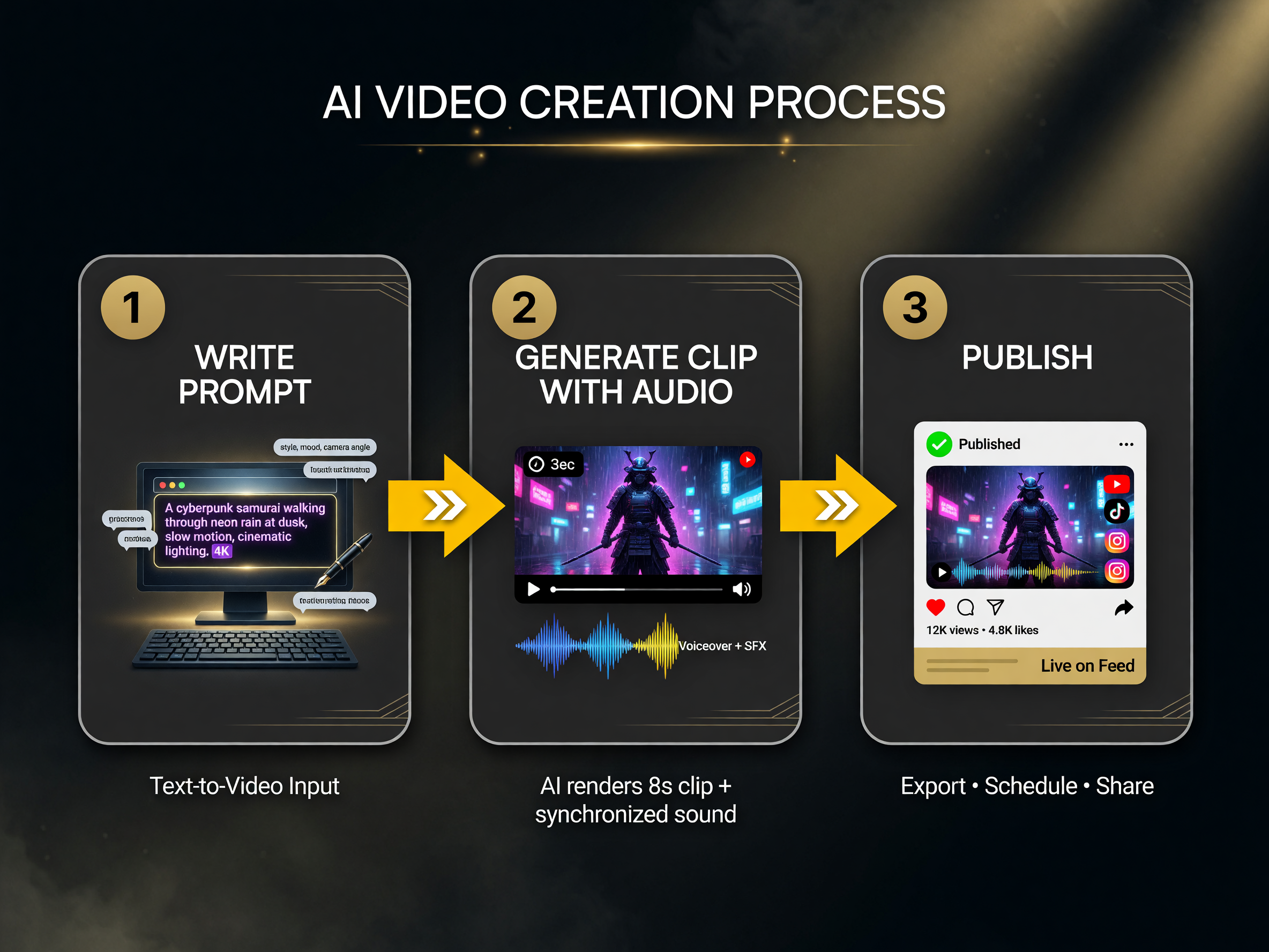 Three-step AI video workflow diagram: write prompt, generate clip with audio, publish