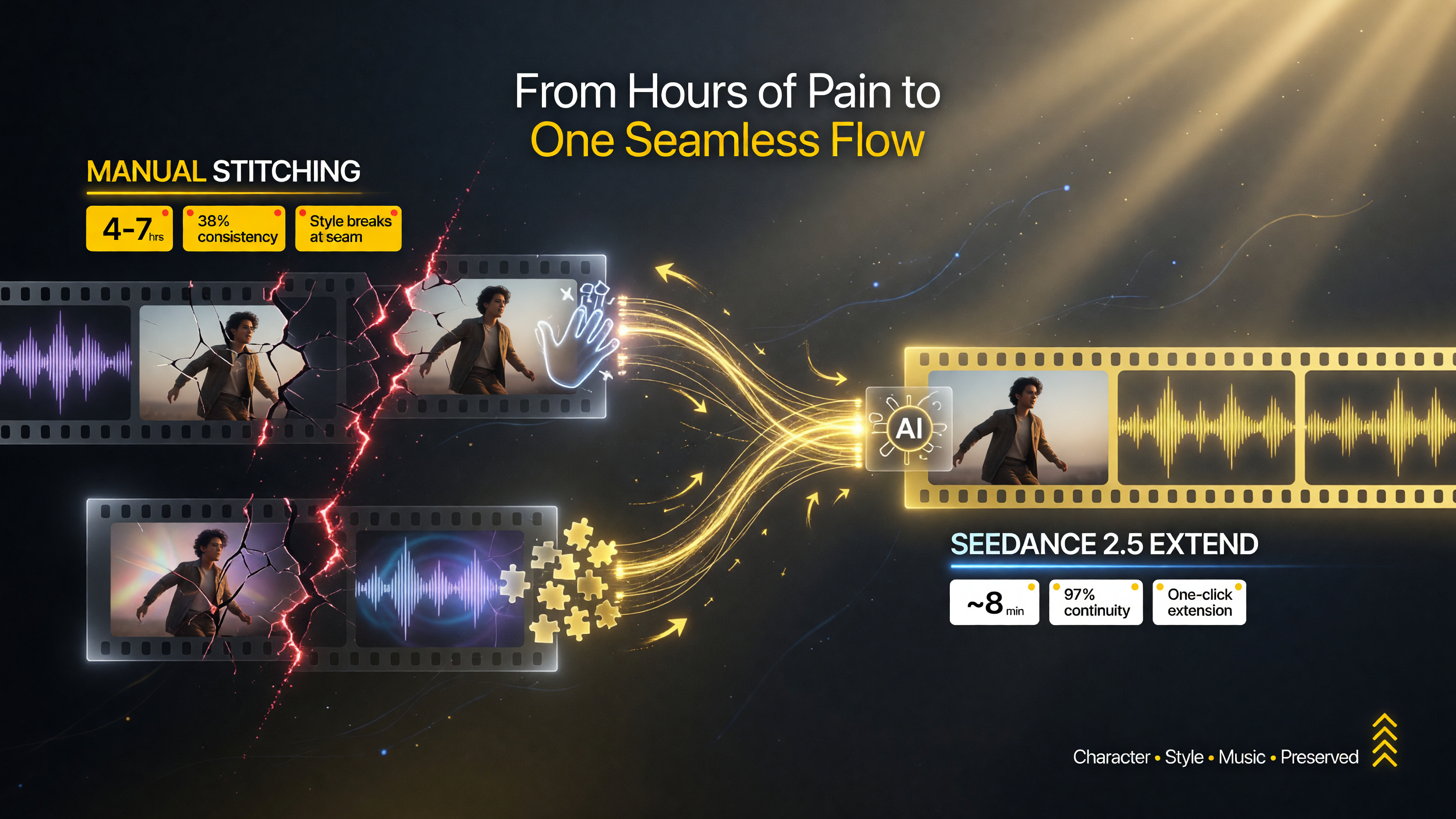 Extending generations by hand versus Seedance 2.5 Extend: manual stitching costs 4 to 7 hours with roughly 38 percent consistency and the style breaks at the seam, while Seedance 2.5 Extend finishes in about 8 minutes at 97 percent continuity with character, style, and music preserved