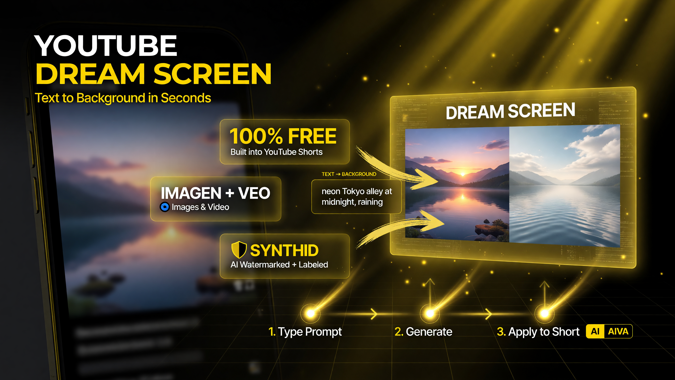 YouTube Dream Screen turns a text prompt into an image or video background for Shorts, powered by Imagen and Veo, SynthID AI labeled