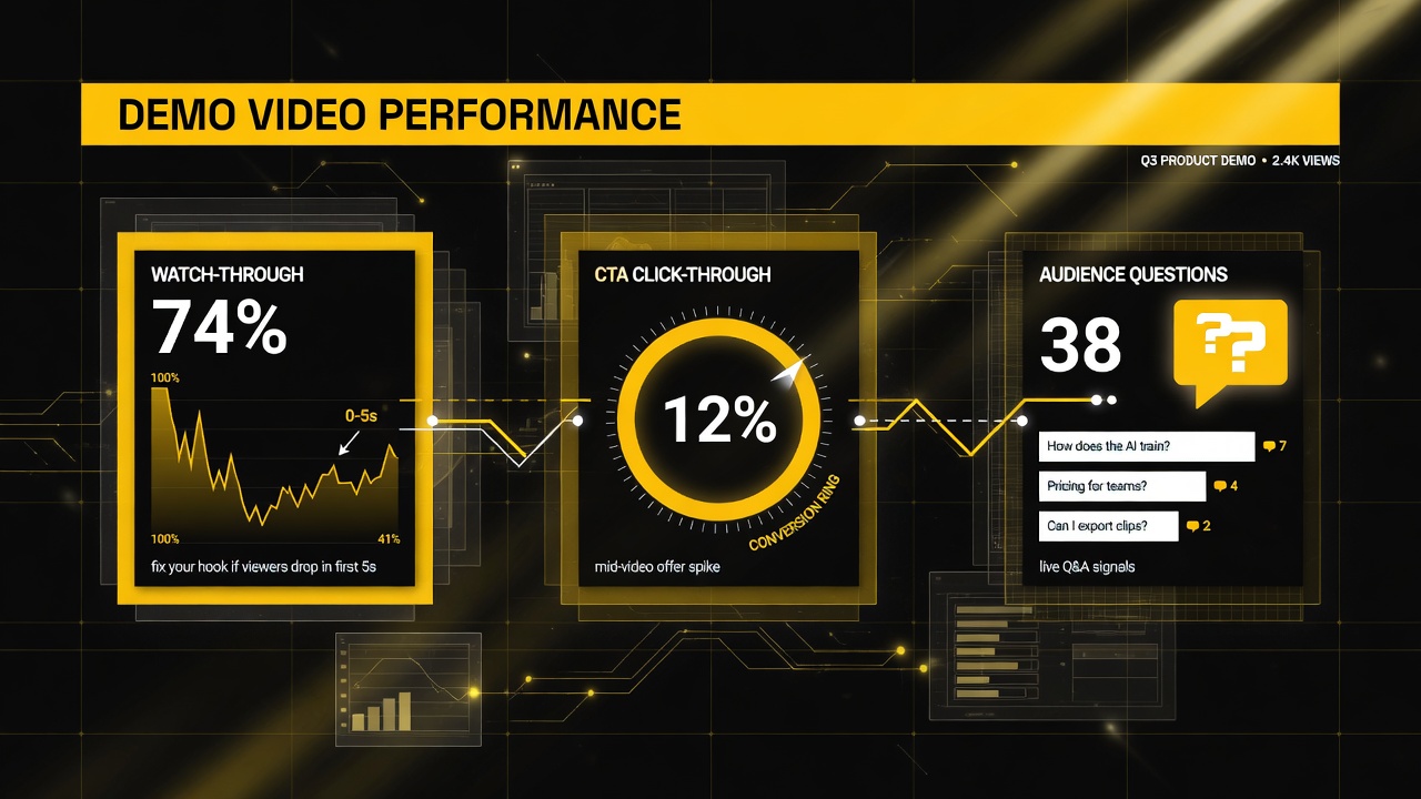 Product demo video performance metrics dashboard: watch-through rate, CTA click-through, audience questions