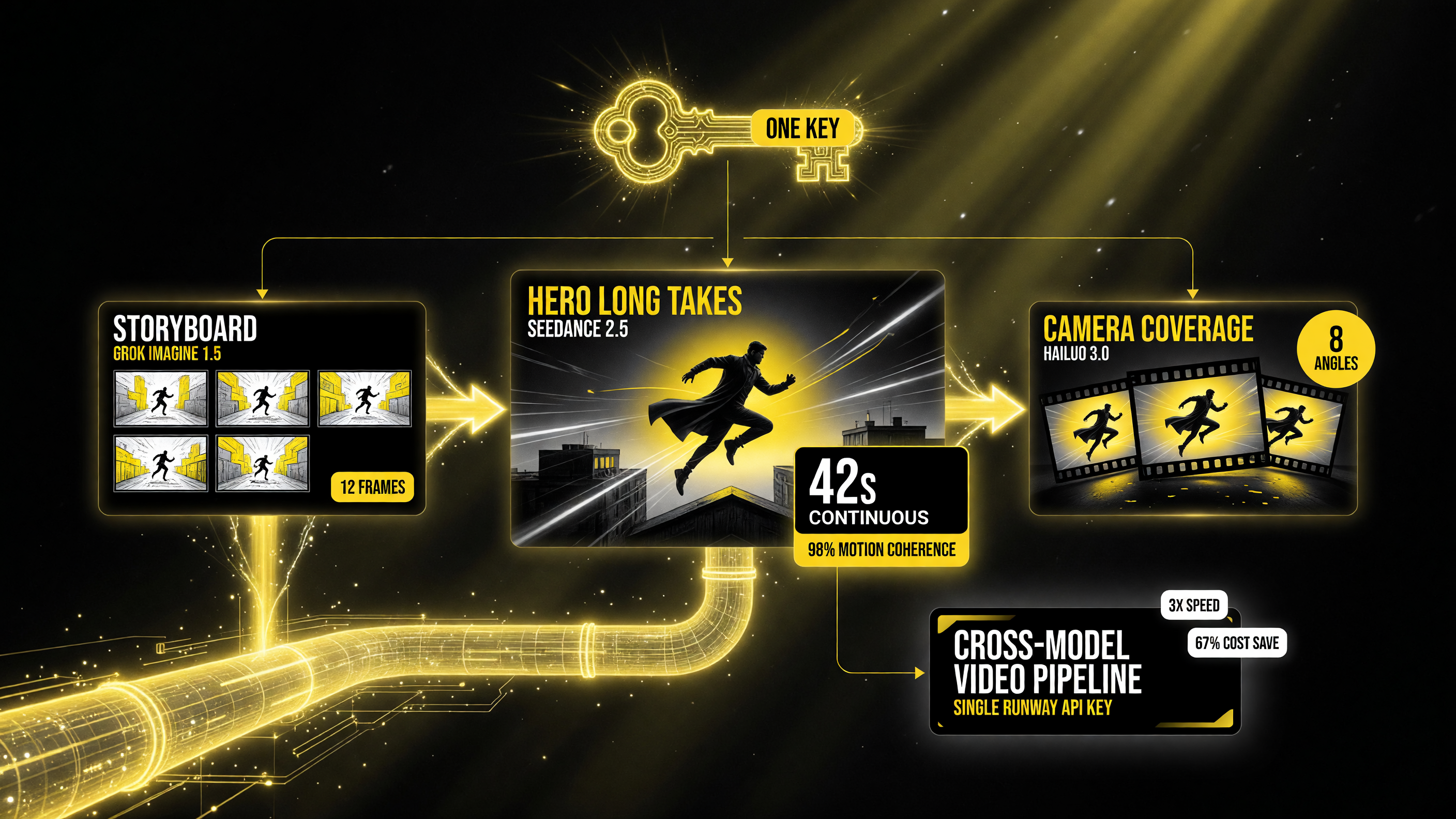 Workflow diagram: Grok Imagine 1.5 storyboard, Seedance 2.5 hero long takes, Hailuo 3.0 camera coverage on one Runway API key
