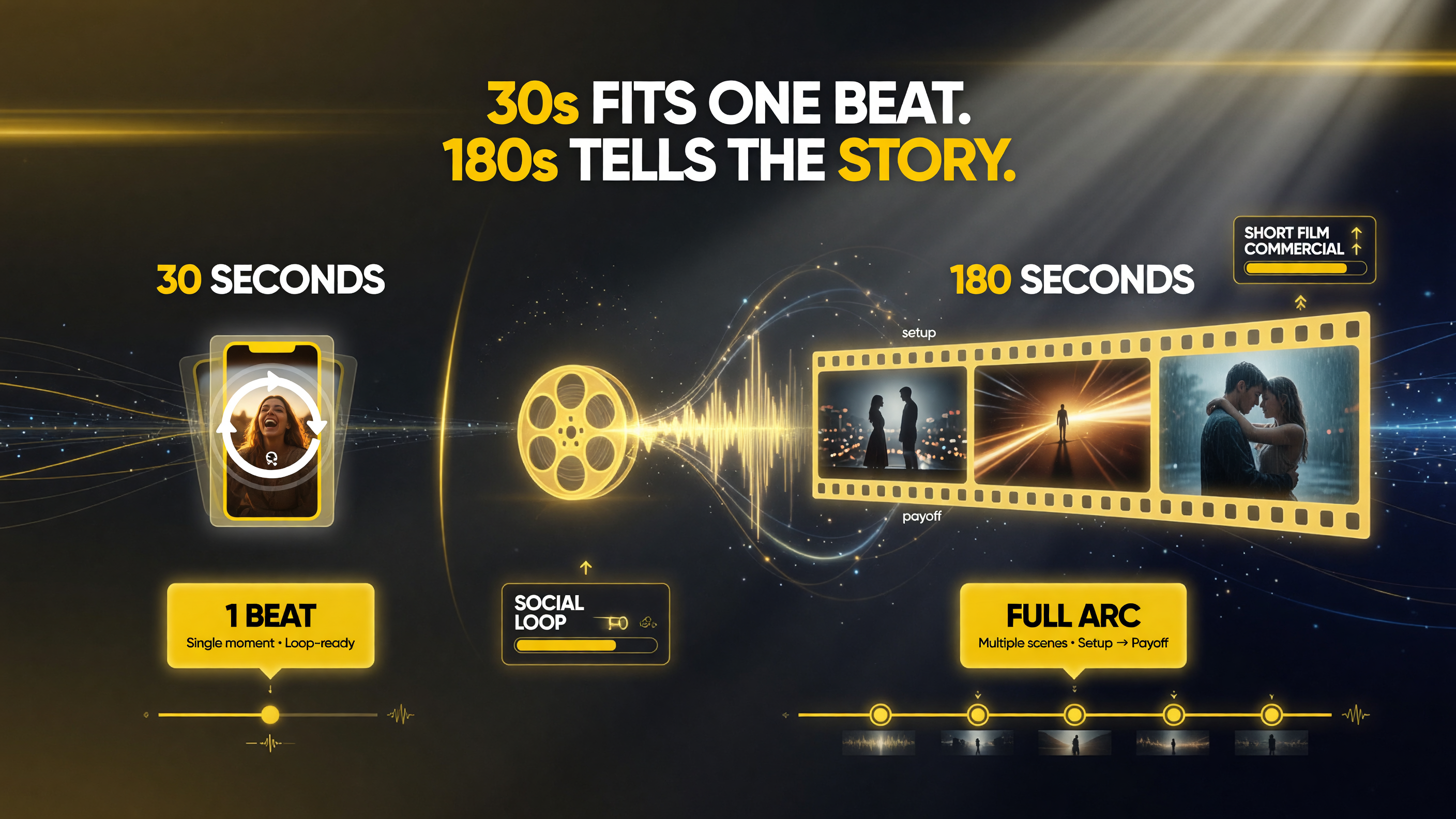 Creative range before and after: 30 seconds fits one beat, a single moment, a loop-ready social visual, while 180 seconds unlocks a full narrative arc with multiple scenes, setup to payoff structure, short-film and commercial work