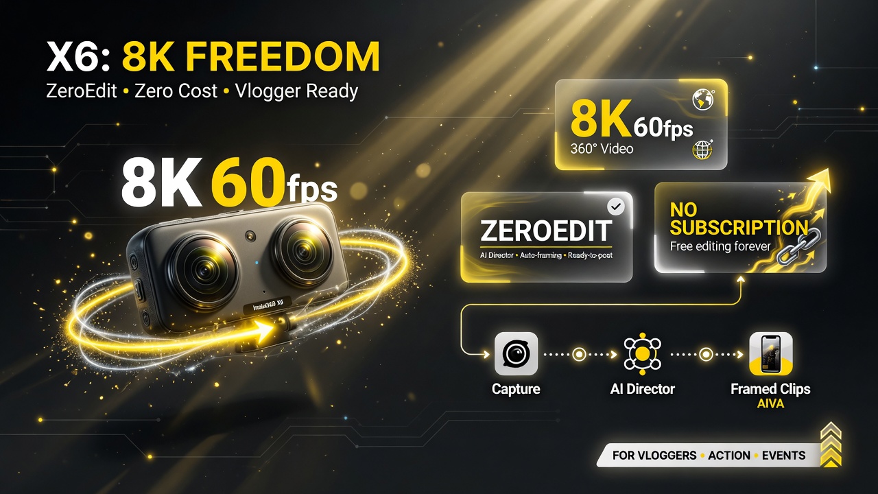 Insta360 X6 key specs: 8K 60fps 360 capture, AI Director ZeroEdit auto-editing, no subscription