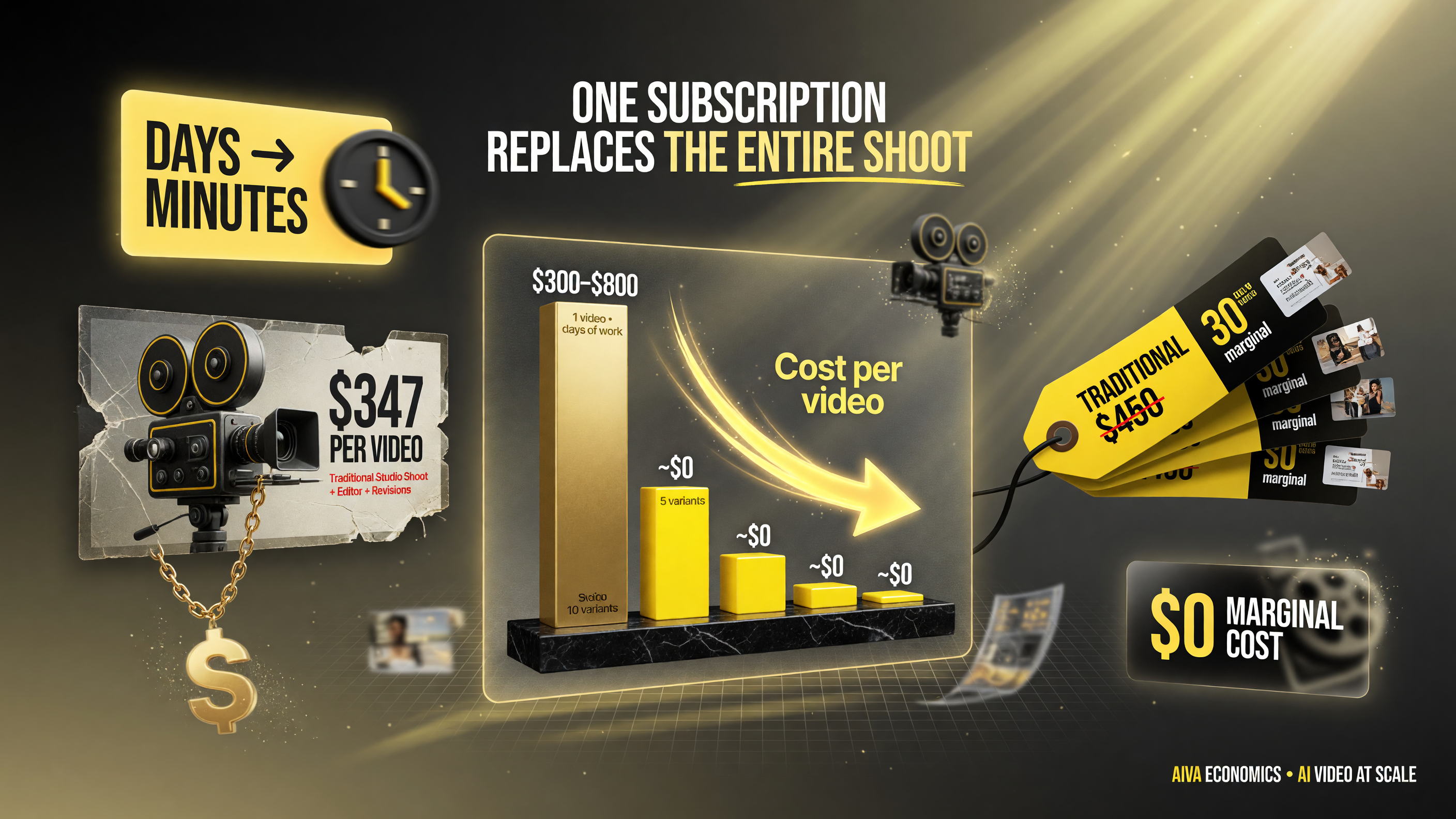 AI video production economics: traditional shoots cost hundreds of dollars per video; AI drops marginal cost to near zero