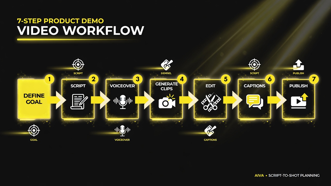 AI product demo video 7-step workflow flowchart: define goal, script, voiceover, generate clips, edit, captions, publish