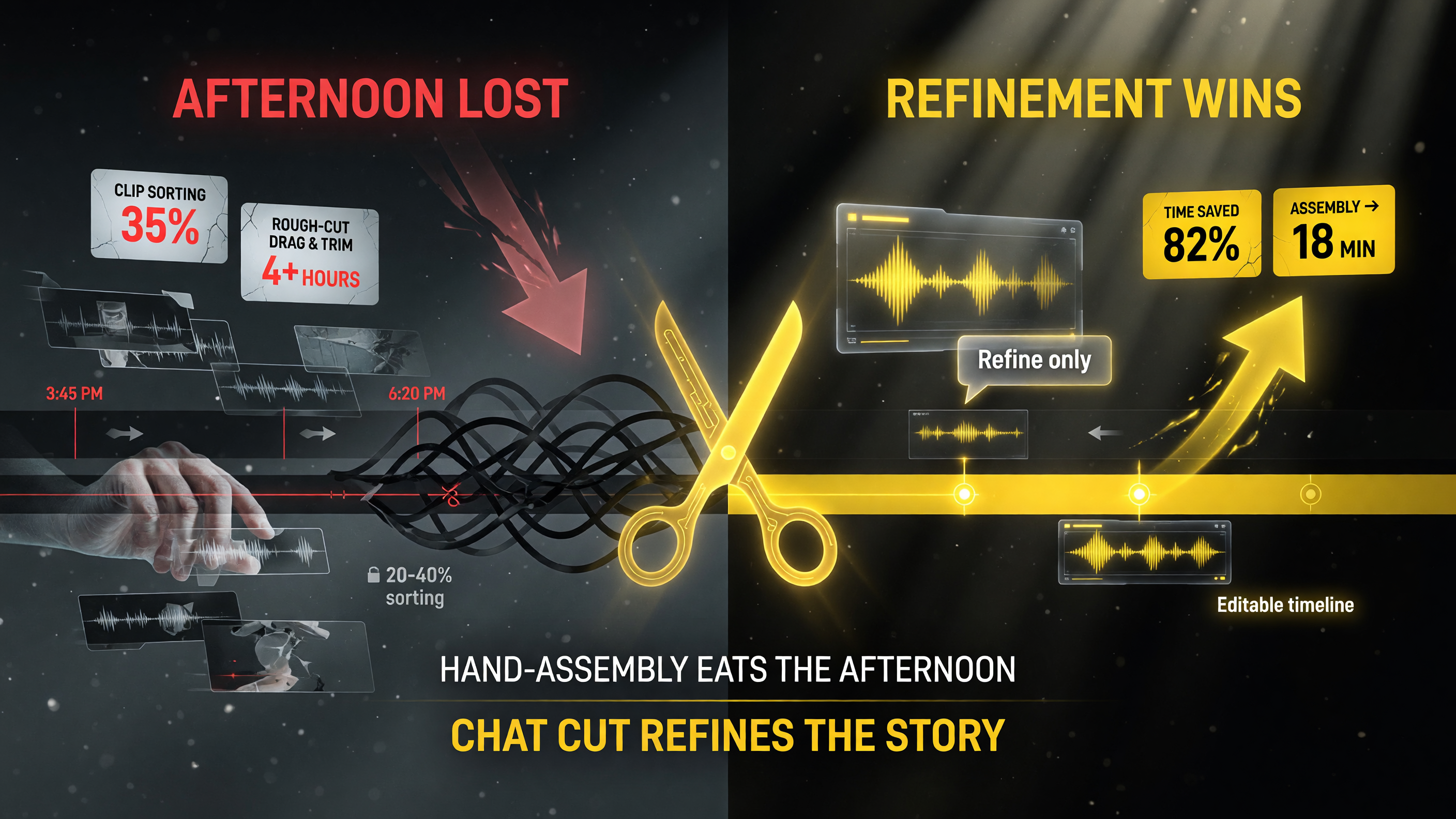 Time savings of editing-first AI video editing: hand assembly eats the afternoon (clip sorting 35 percent, rough-cut drag and trim 4 plus hours, 20-40 percent of first pass spent sorting) versus ChatCut-assisted where refinement replaces assembly in about 18 minutes