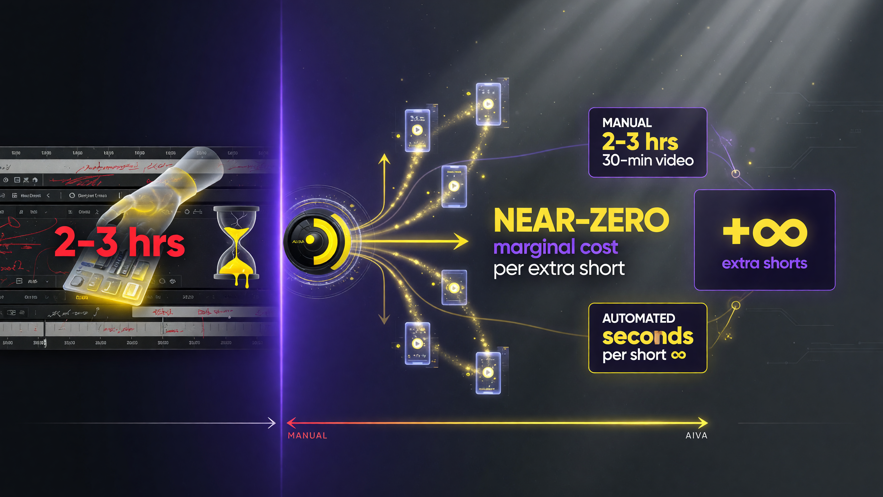 Cost comparison of manual video repurposing, which takes 2 to 3 hours of editing per 30-minute video, versus automated repurposing with near-zero marginal cost per short